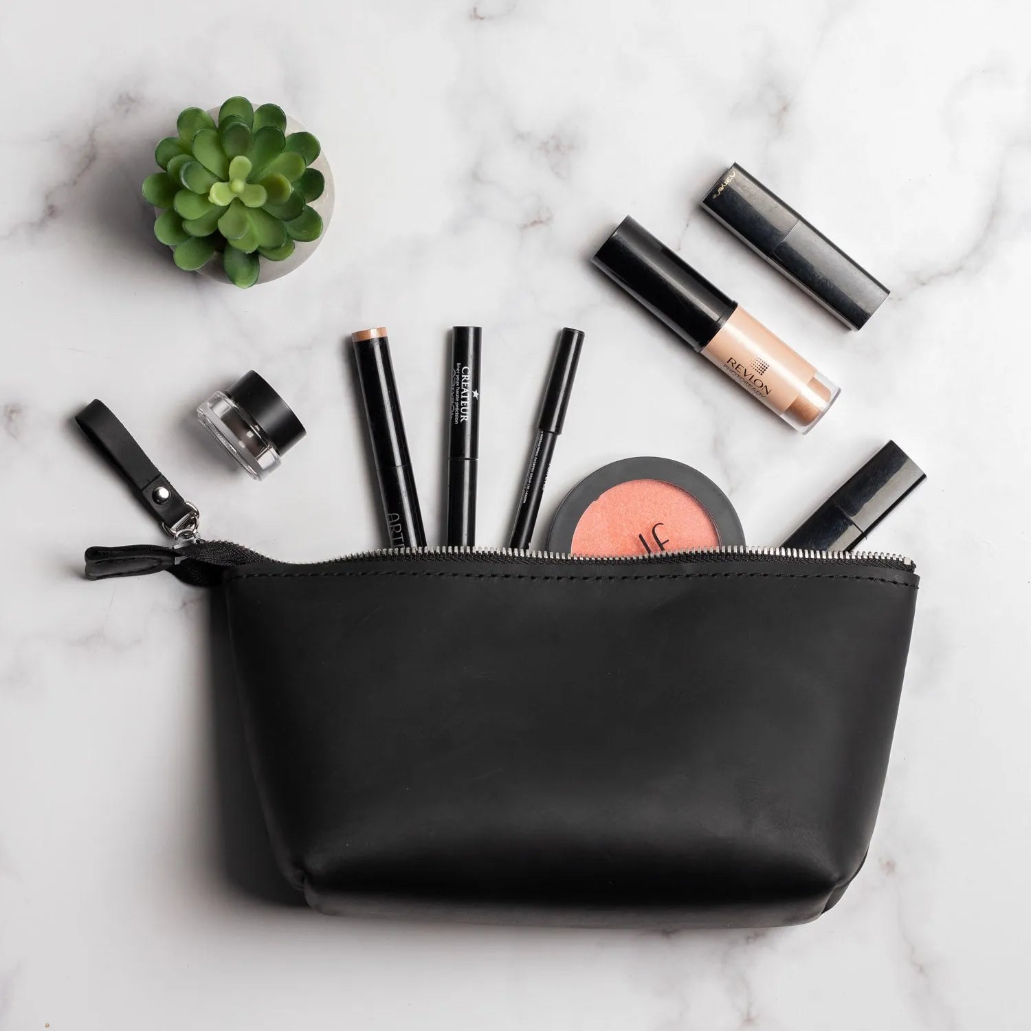 Full grain Leather Makeup Bag - Allure | Matte Black - Wenderfarer