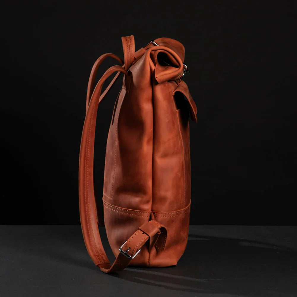 Matte Leather Roll Top Backpack