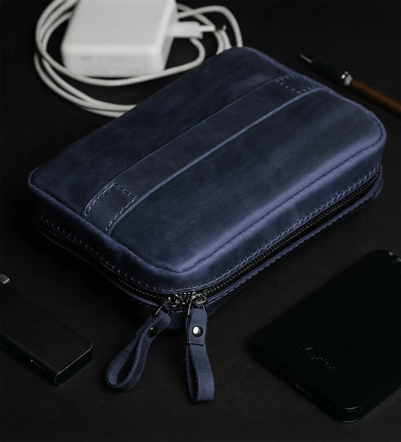 Distressed Leather Tech Organizer with Zipper | Tech & Cable Case