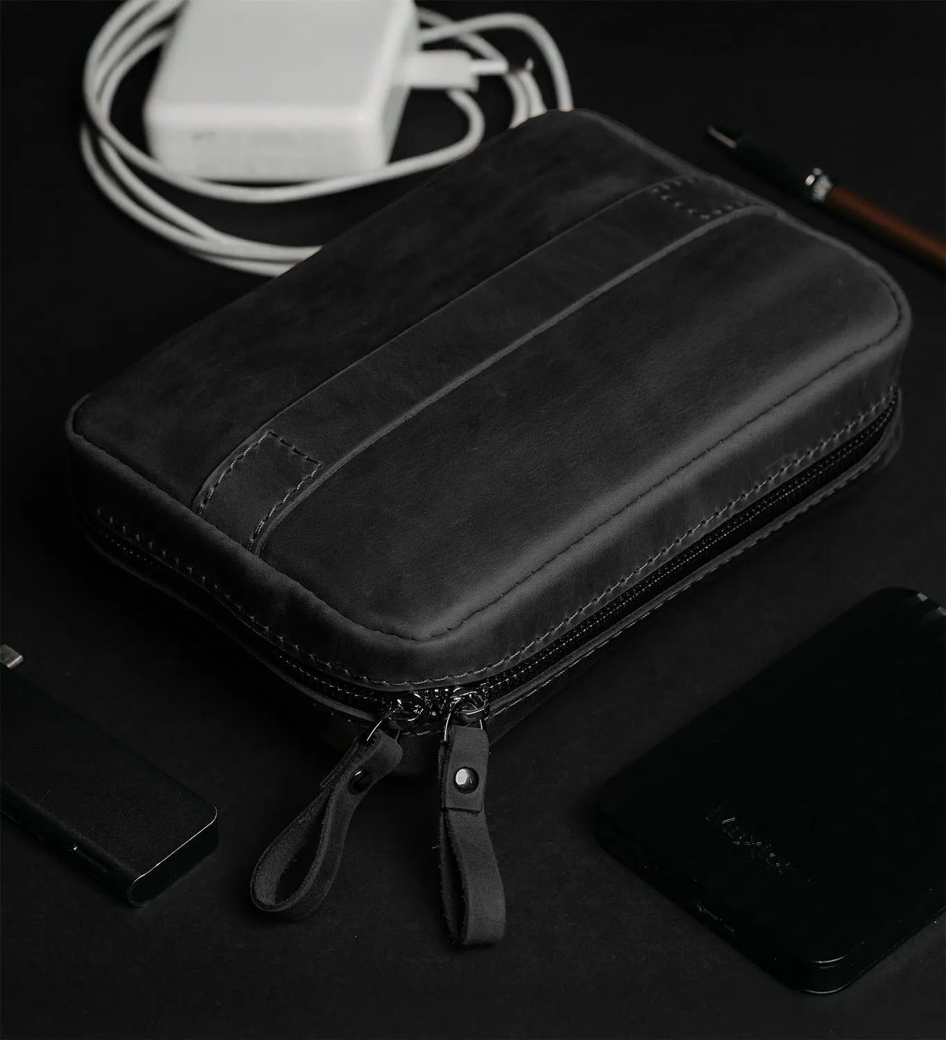 Distressed Leather Tech Organizer with Zipper | Tech & Cable Case