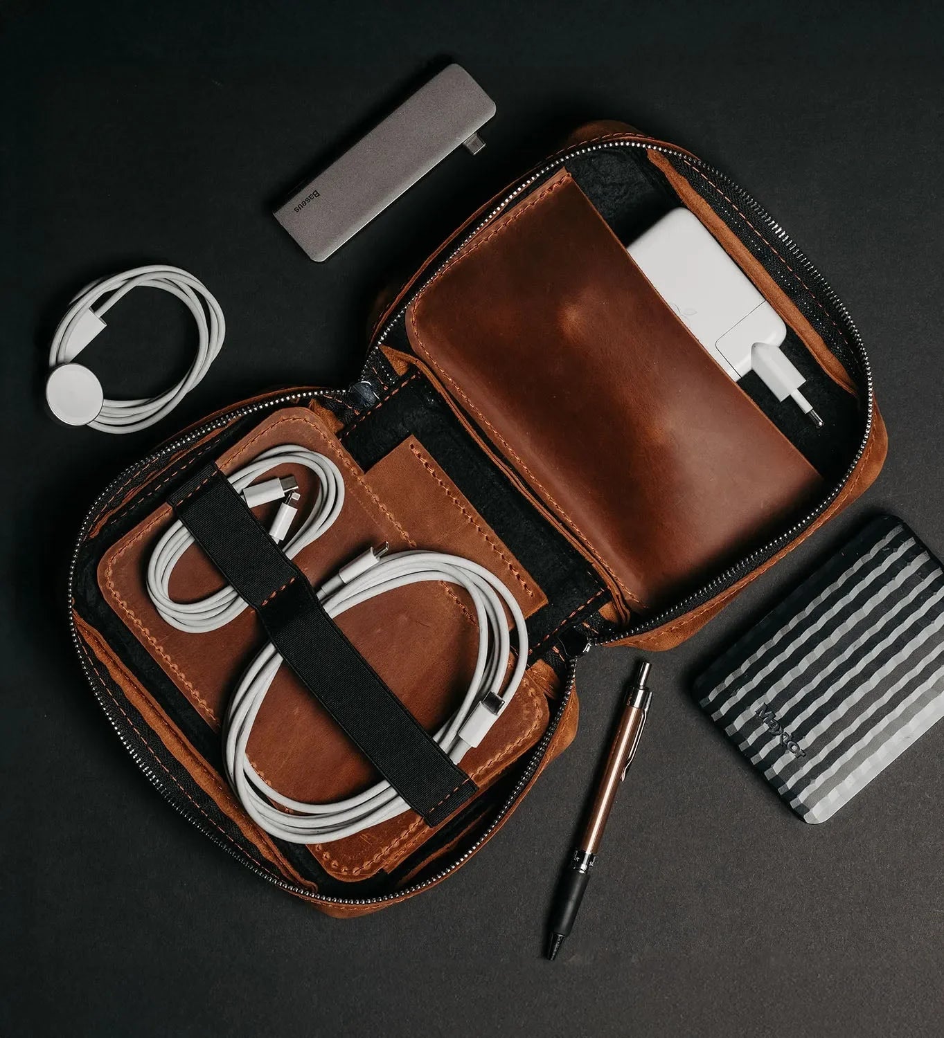 Distressed Leather Tech Organizer with Zipper | Tech & Cable Case