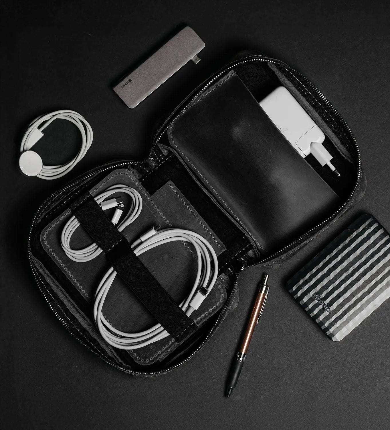 Distressed Leather Tech Organizer with Zipper | Tech & Cable Case