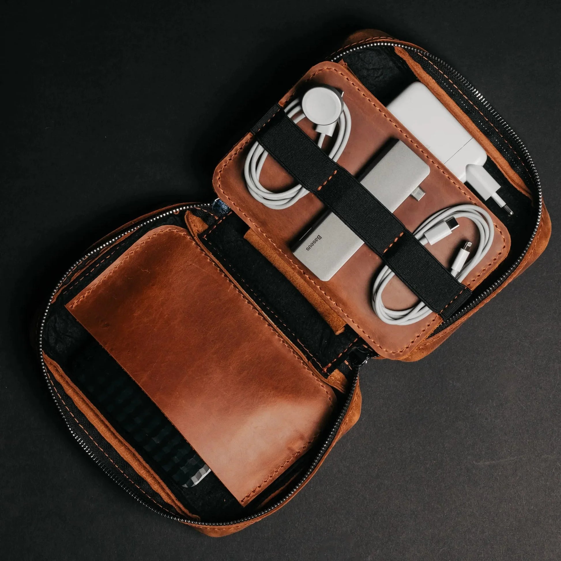Leather Organizer for Cables & Tech | Cognac - Wenderfarer