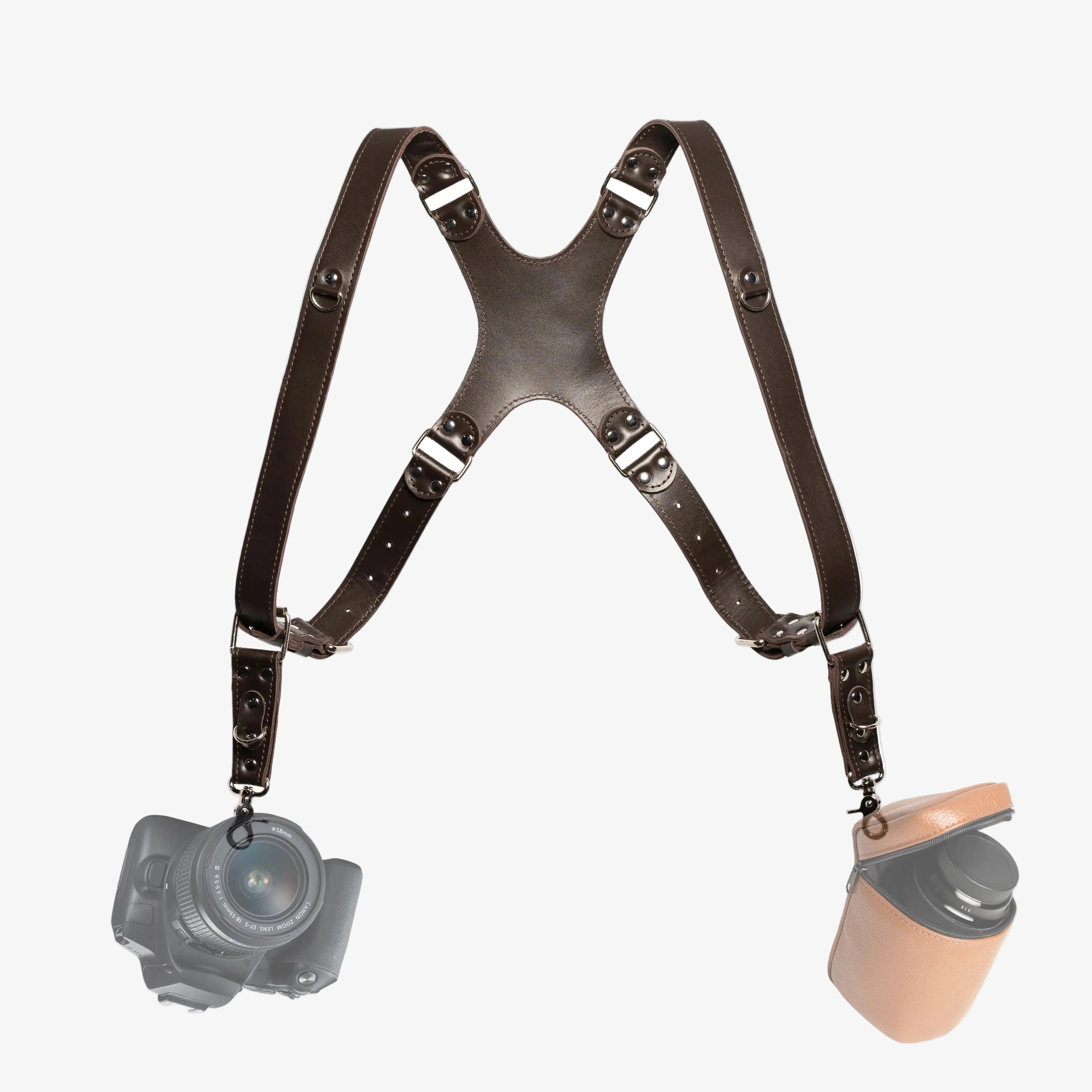 Smooth Leather Dual Camera Harness – Adjustable & Secure Fit