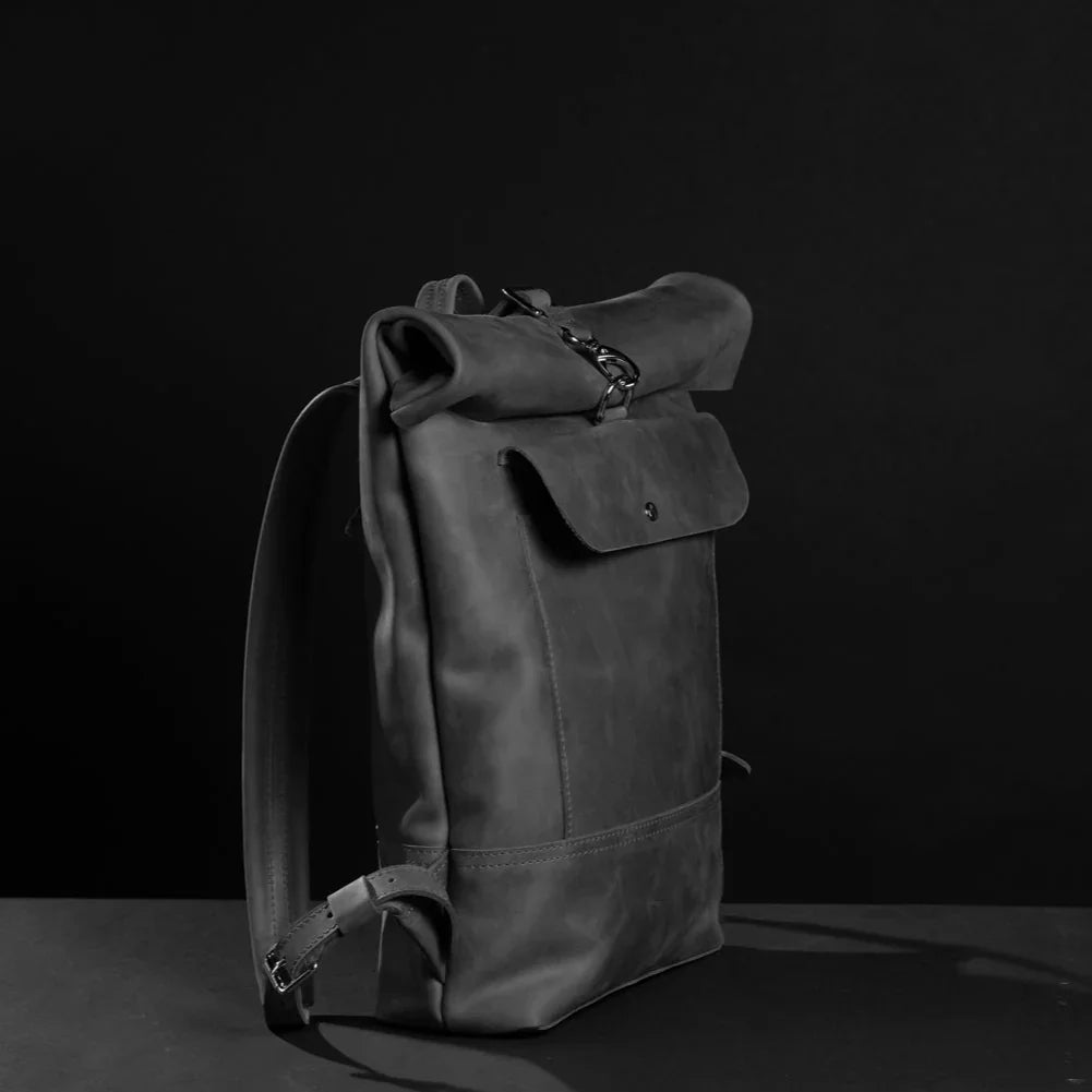 Matte Leather Roll Top Backpack