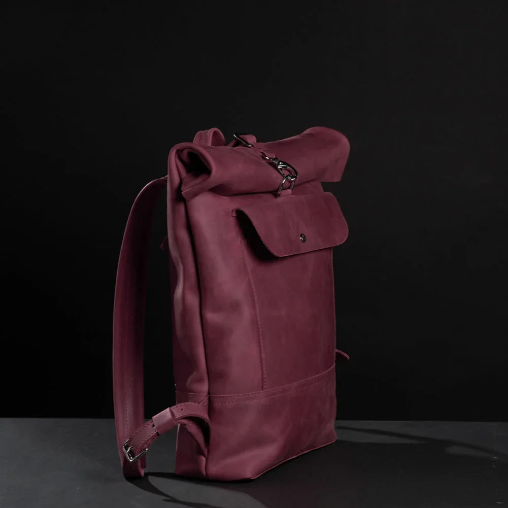 Matte Leather Roll Top Backpack
