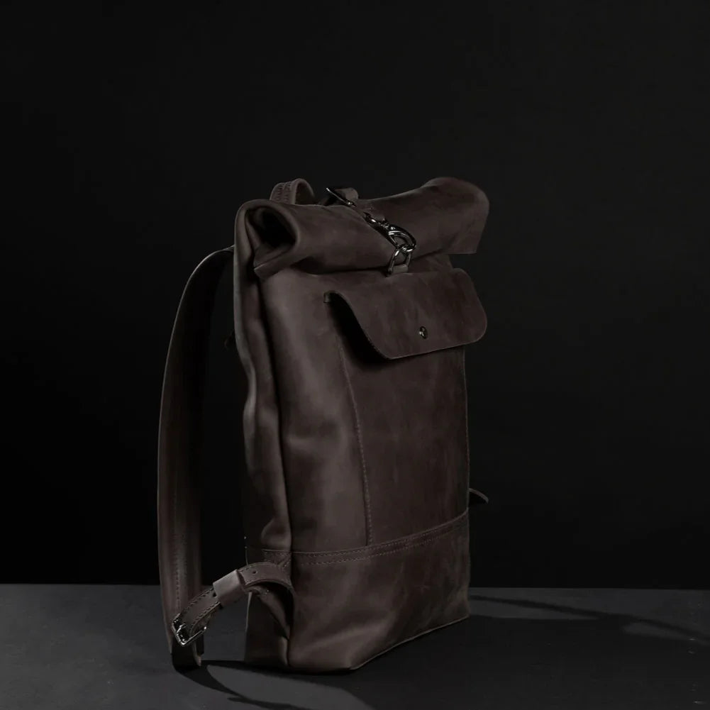 Matte Leather Roll Top Backpack