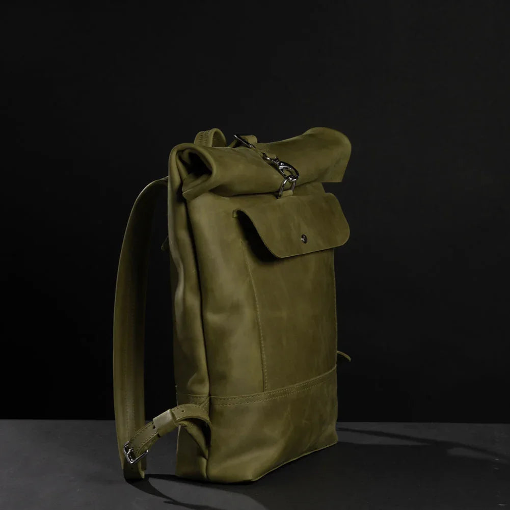Matte Leather Roll Top Backpack