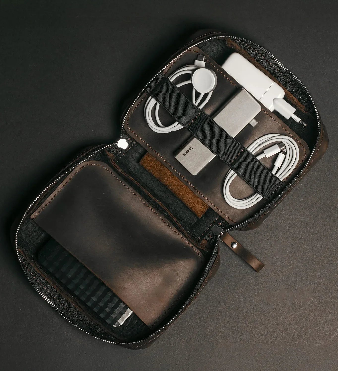 Distressed Leather Tech Organizer with Zipper | Tech & Cable Case