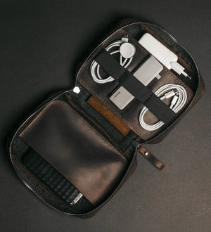 Distressed Leather Tech Organizer with Zipper | Tech & Cable Case
