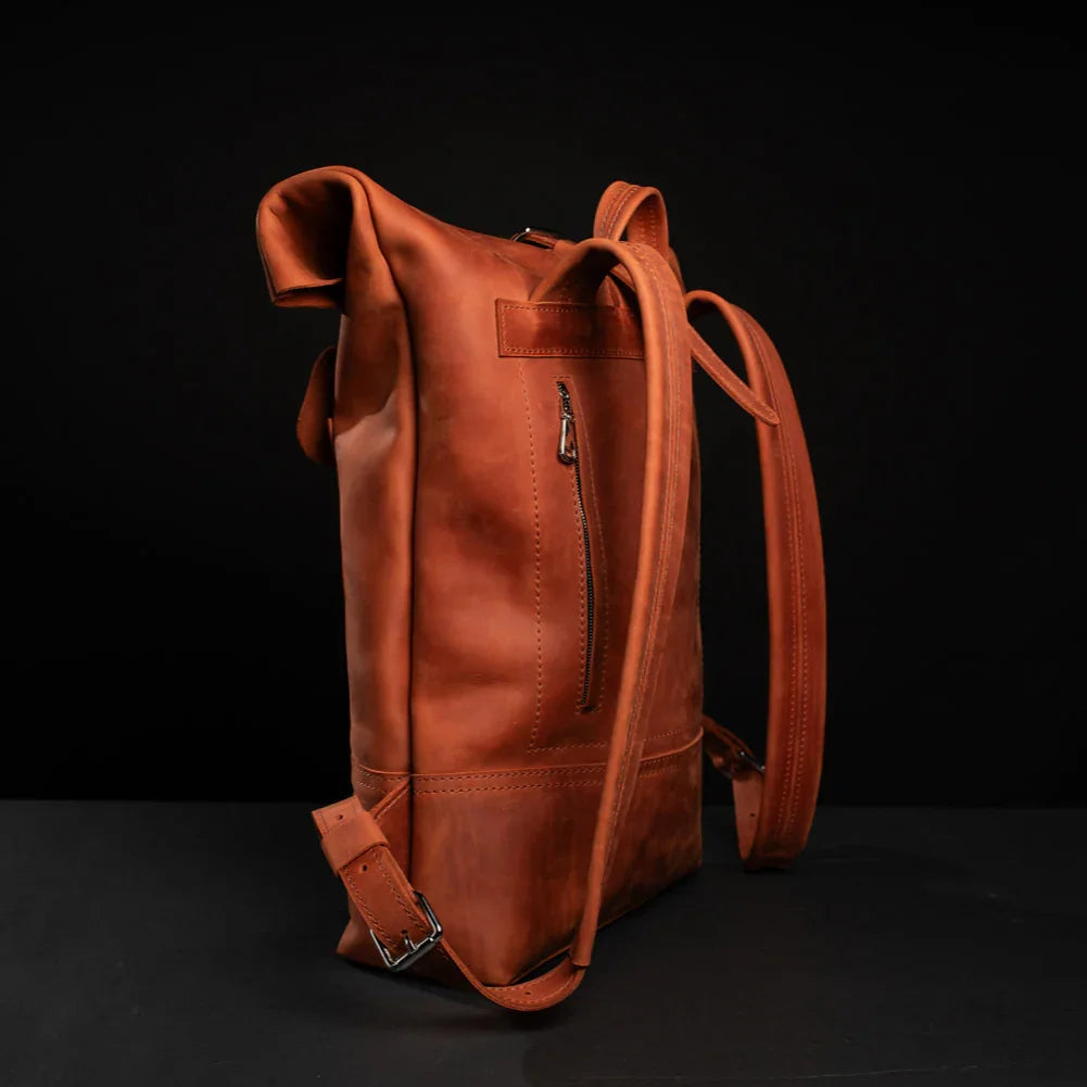 Matte Leather Roll Top Backpack
