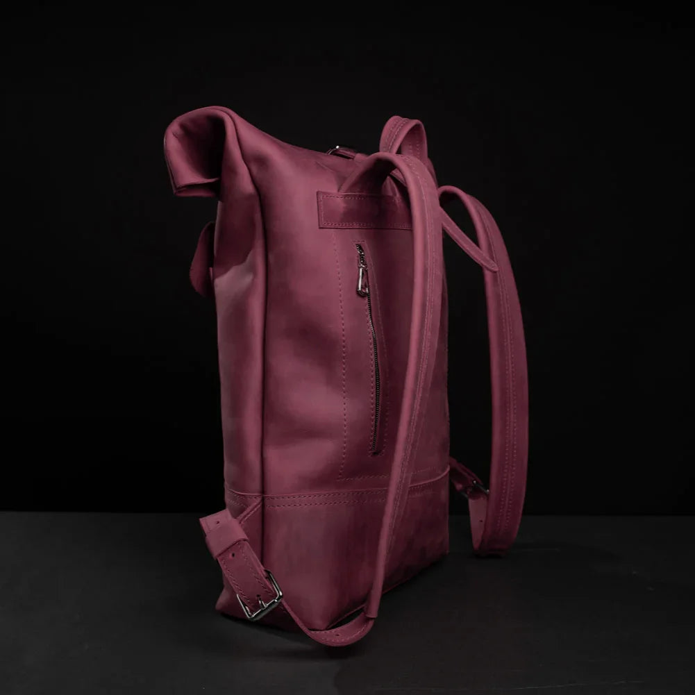 Matte Leather Roll Top Backpack