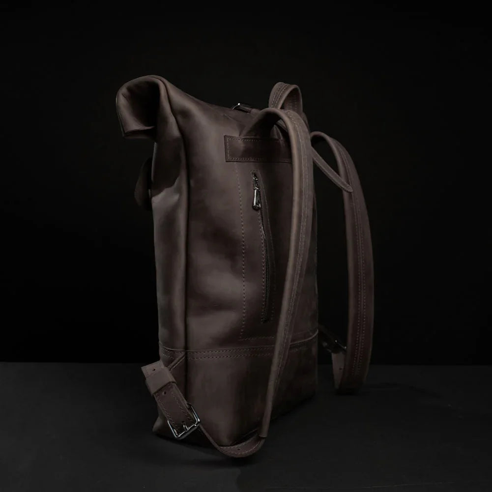 Matte Leather Roll Top Backpack