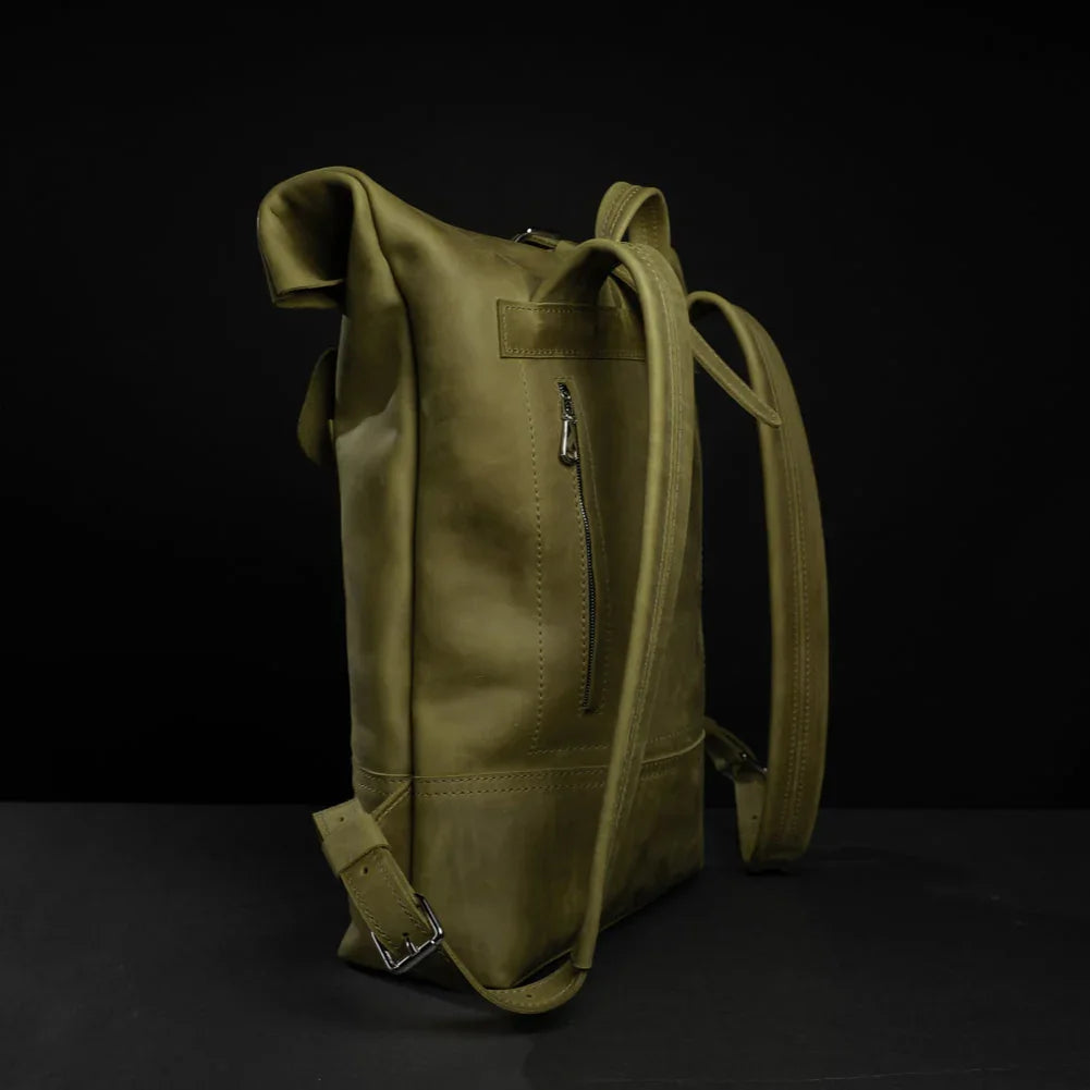 Matte Leather Roll Top Backpack
