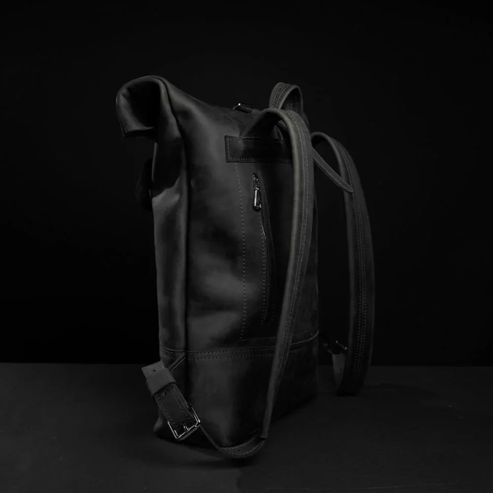 Matte Leather Roll Top Backpack