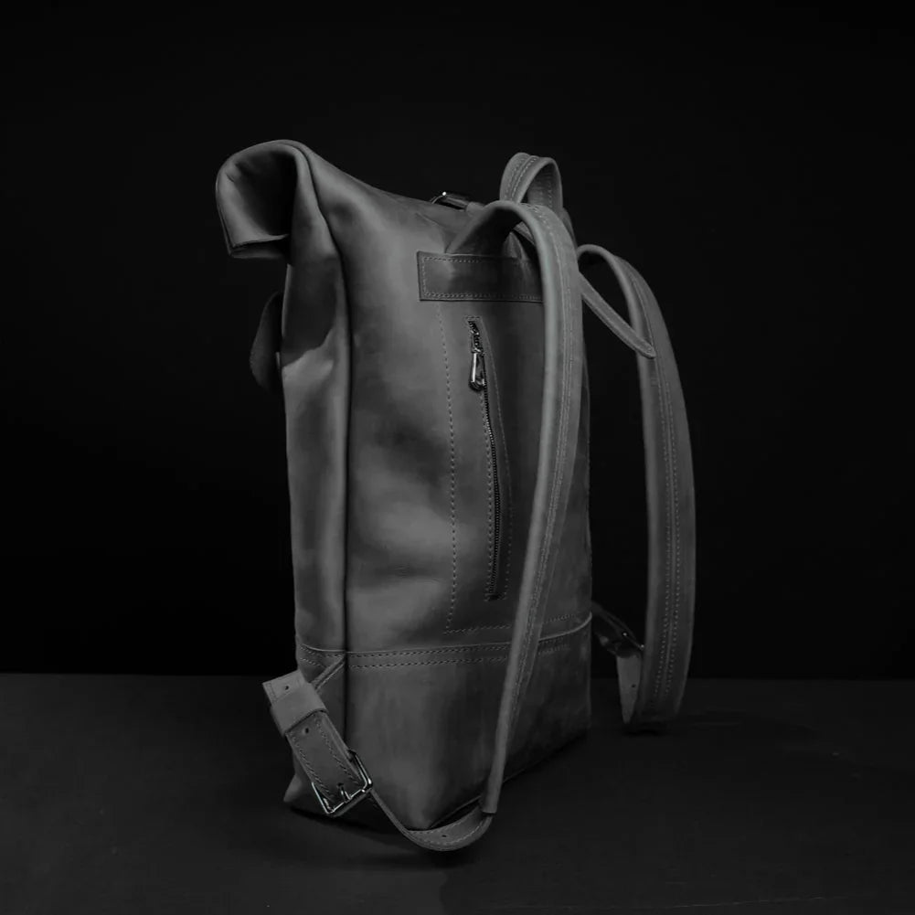 Matte Leather Roll Top Backpack