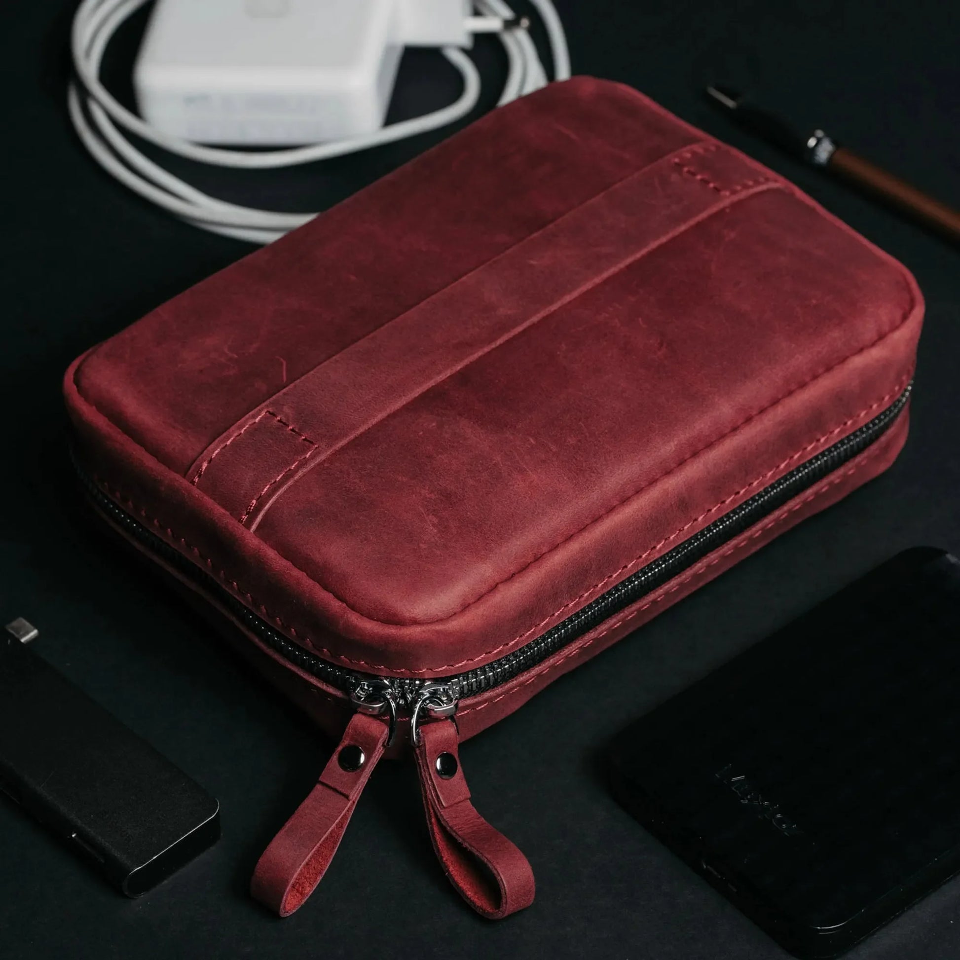 Leather Organizer for Cables & Tech | Burgundy - Wenderfarer