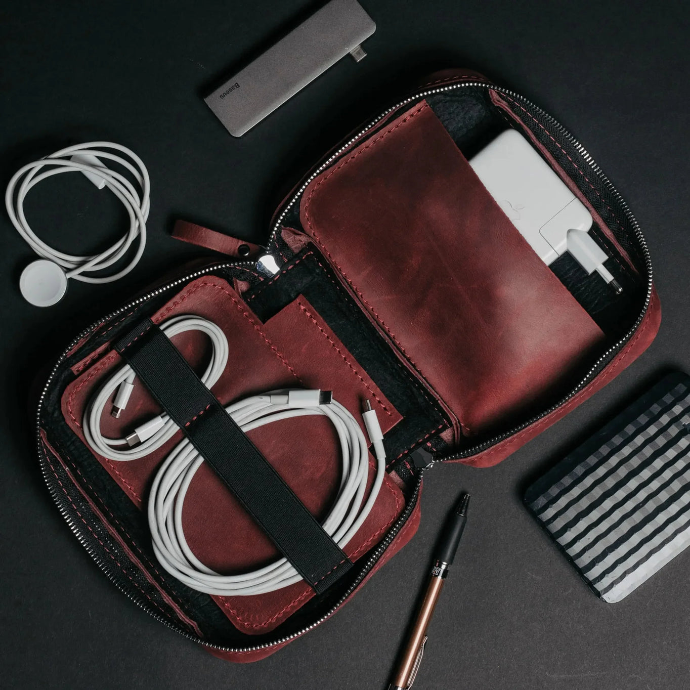Leather Organizer for Cables & Tech | Burgundy - Wenderfarer