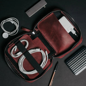 Leather Organizer for Cables & Tech | Burgundy - Wenderfarer