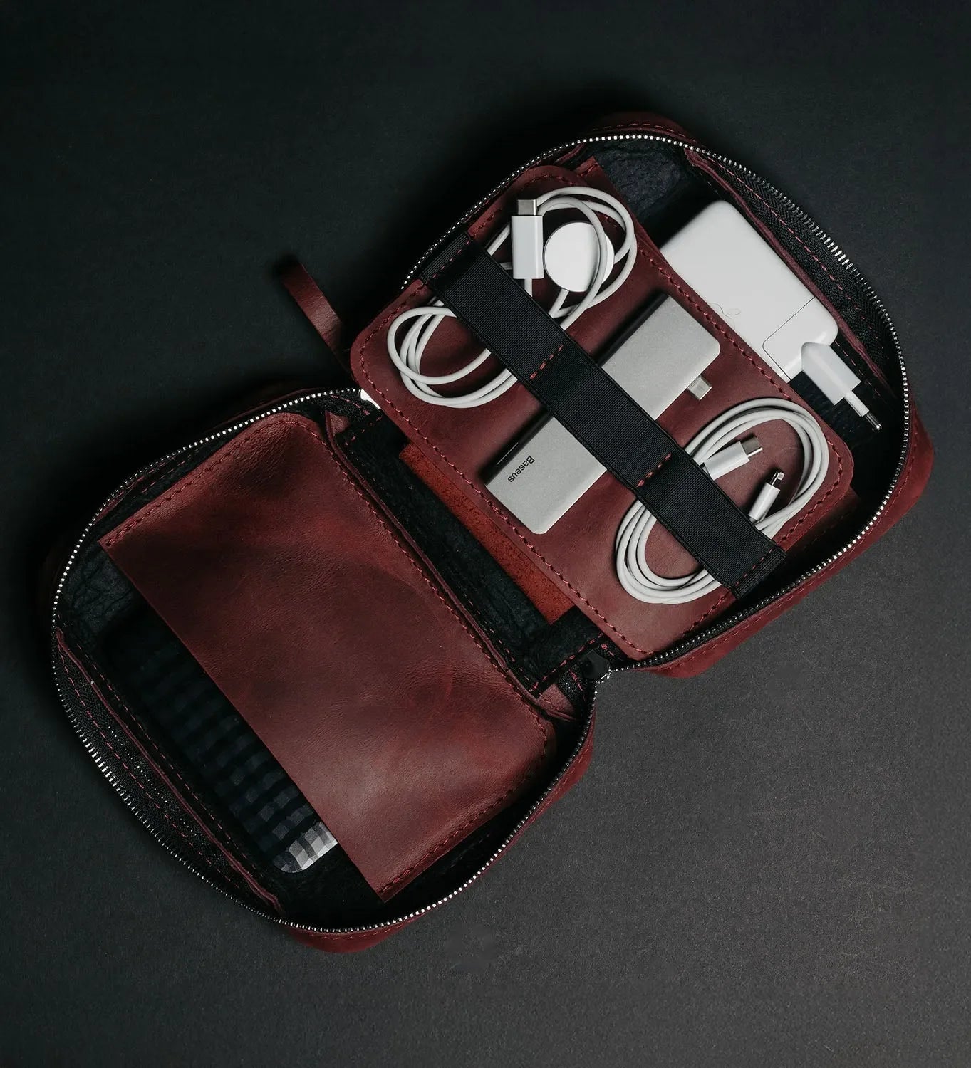 Distressed Leather Tech Organizer with Zipper | Tech & Cable Case