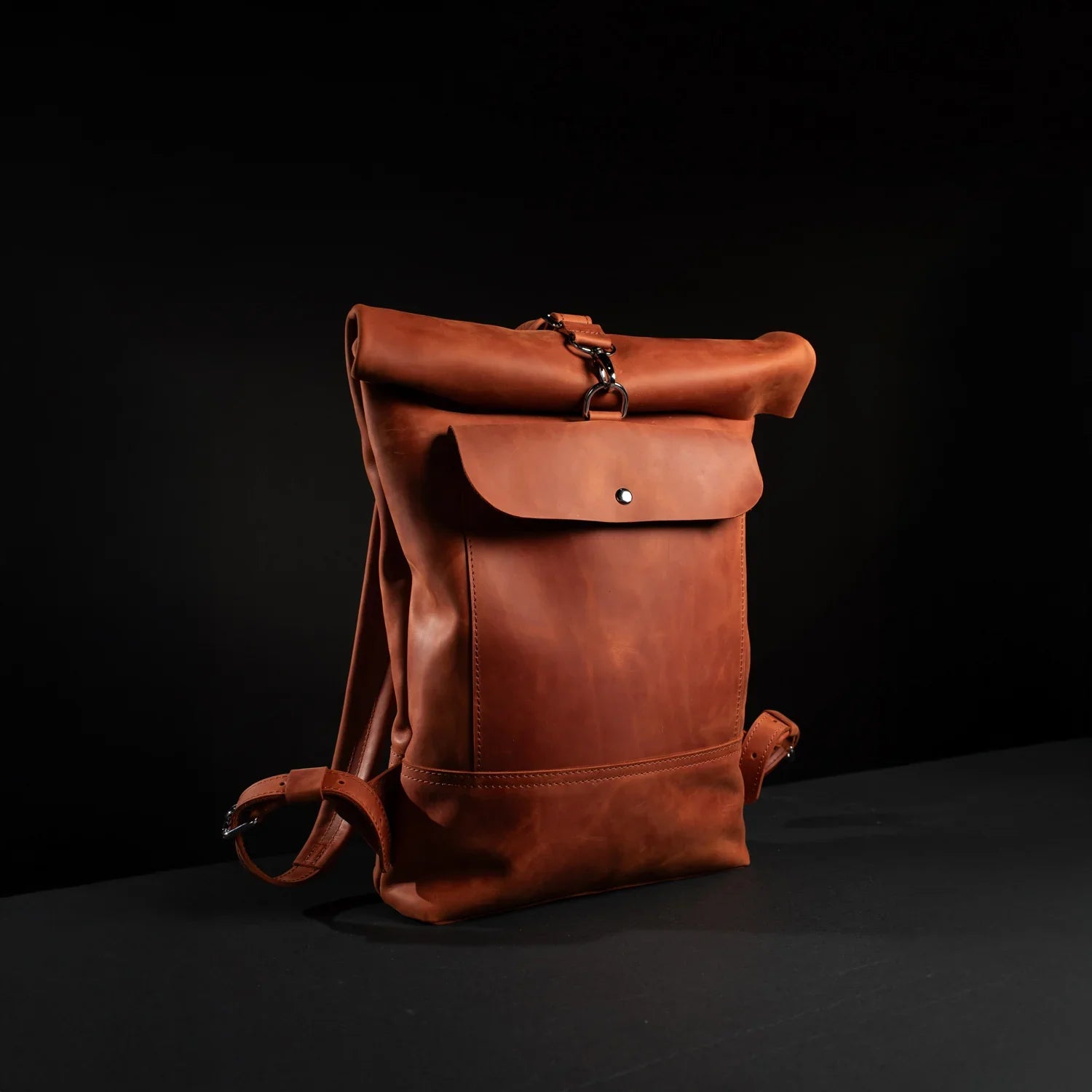 Matte Leather Roll Top Backpack
