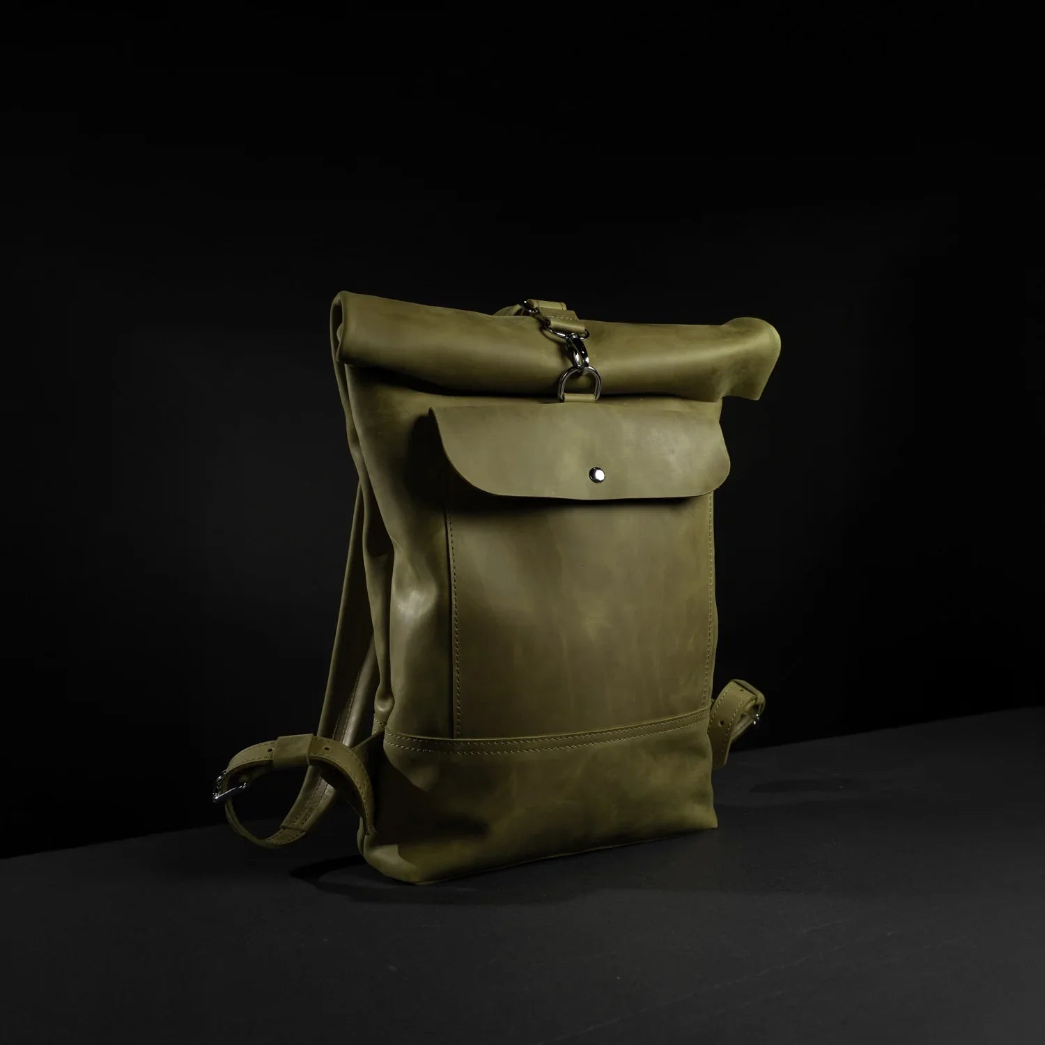 Matte Leather Roll Top Backpack