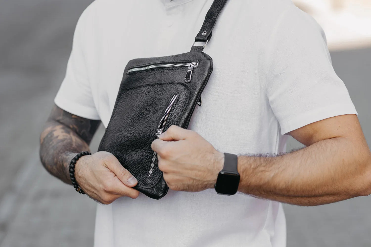 Grainy Leather Sling Bag for Men's | Hidden
