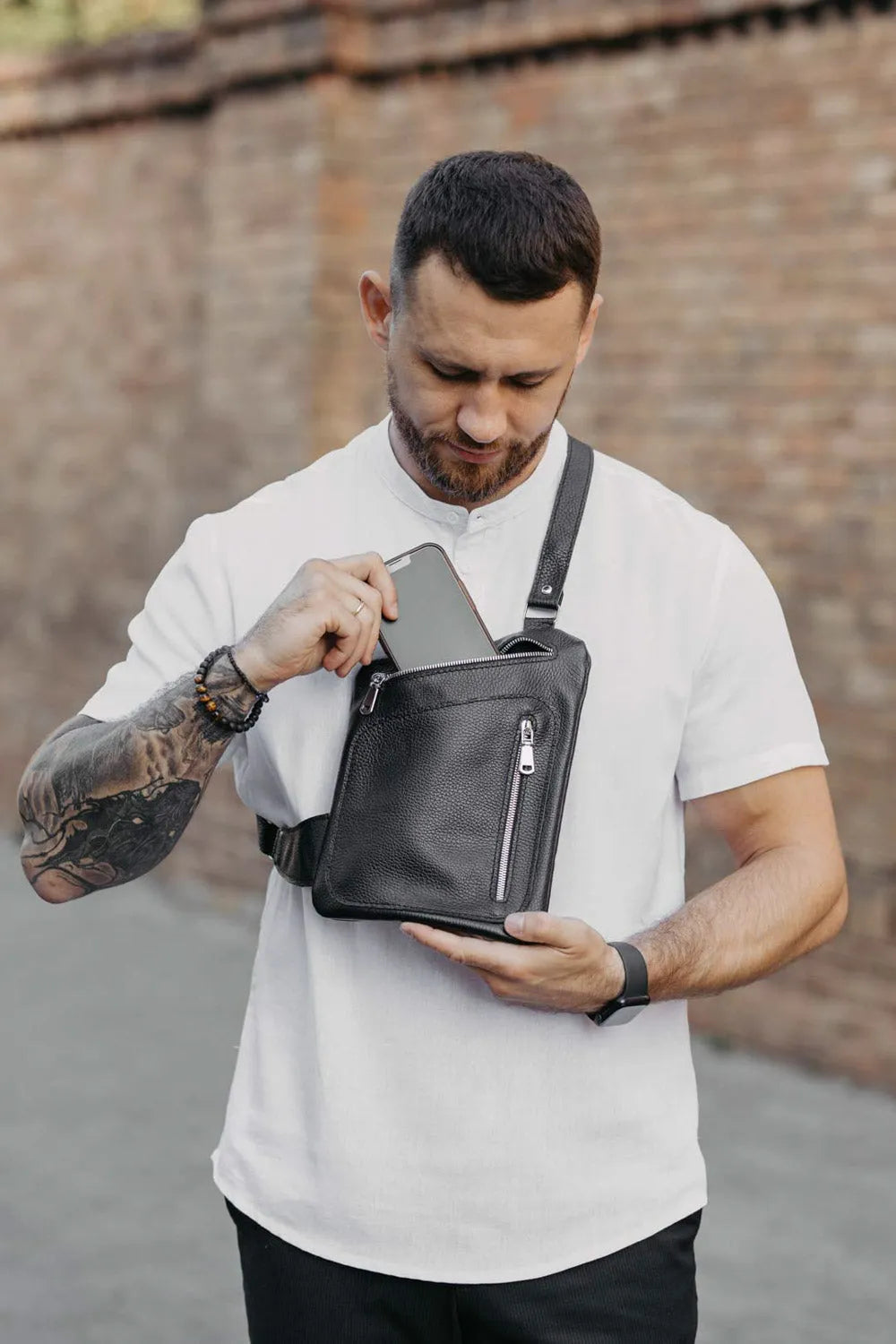 Grainy Leather Sling Bag for Men's | Hidden