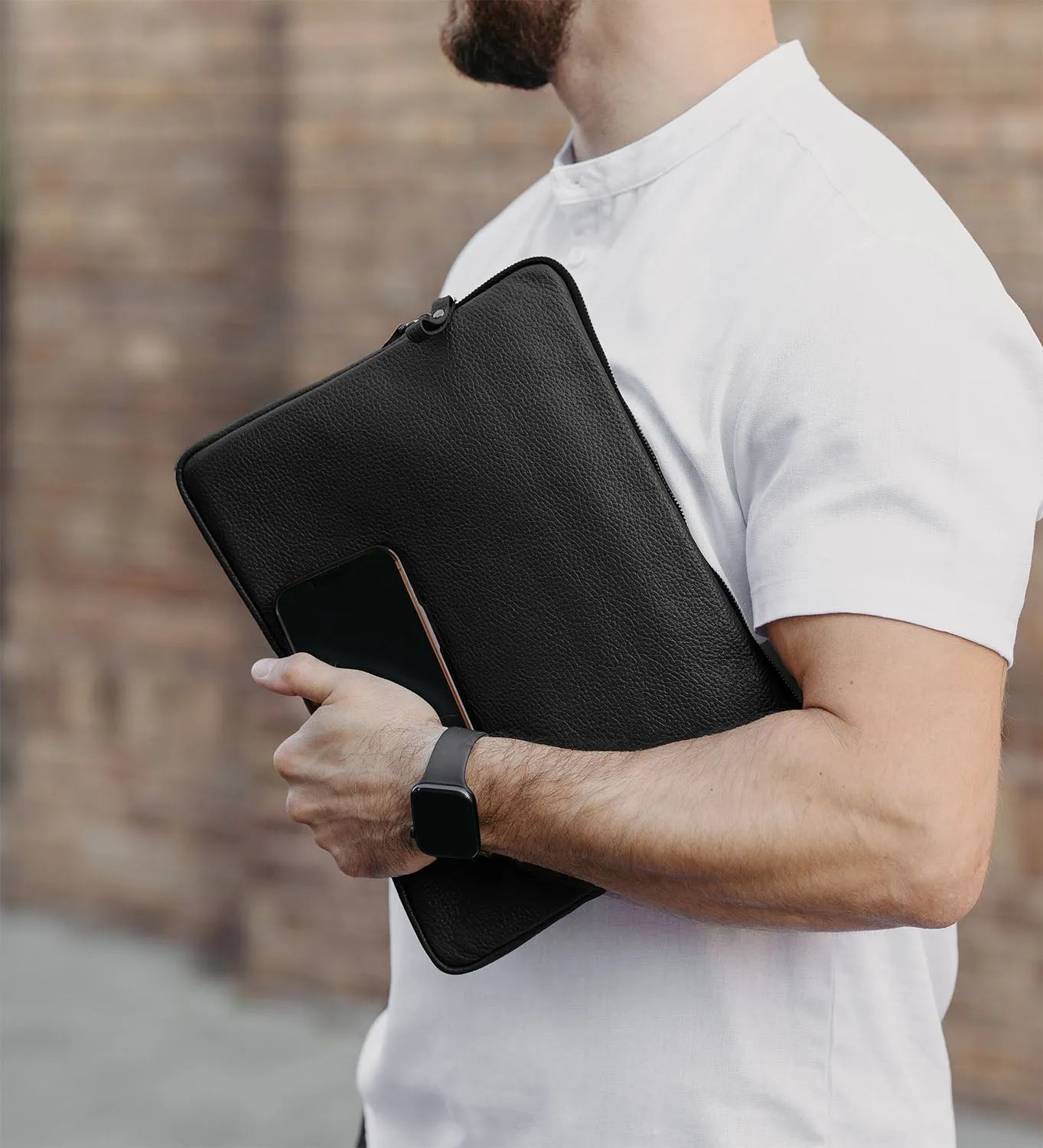 Full Grain Leather Zipper Folio for Laptop & Documents | Black