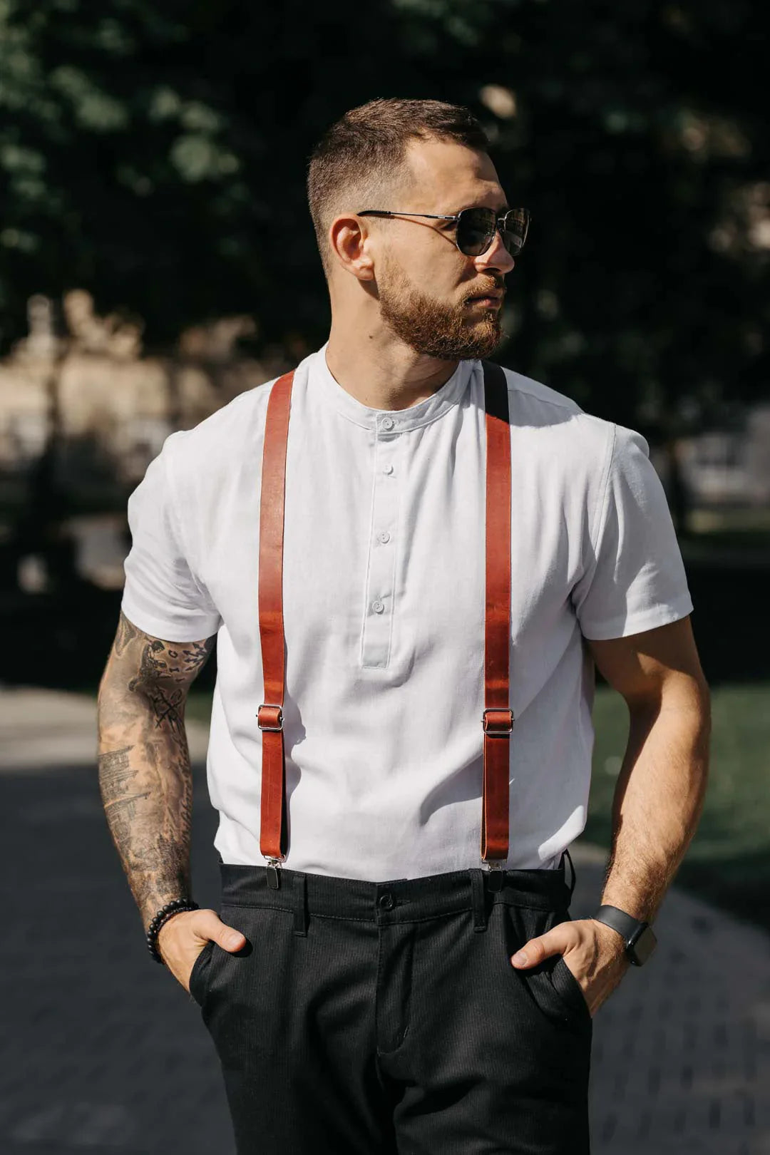 Y-Back Matte Leather Suspenders for Men – Rustic Style