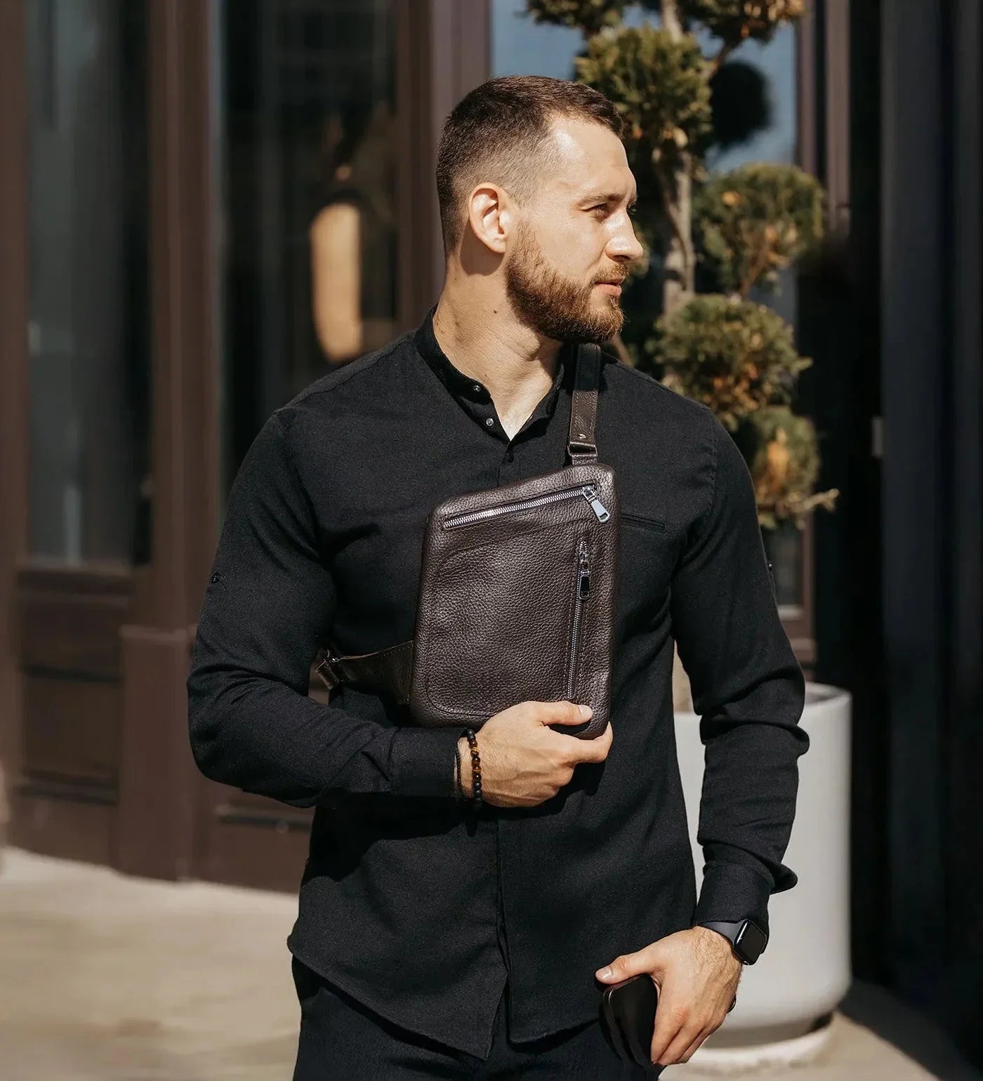 Grainy Leather Sling Bag for Men's | Hidden