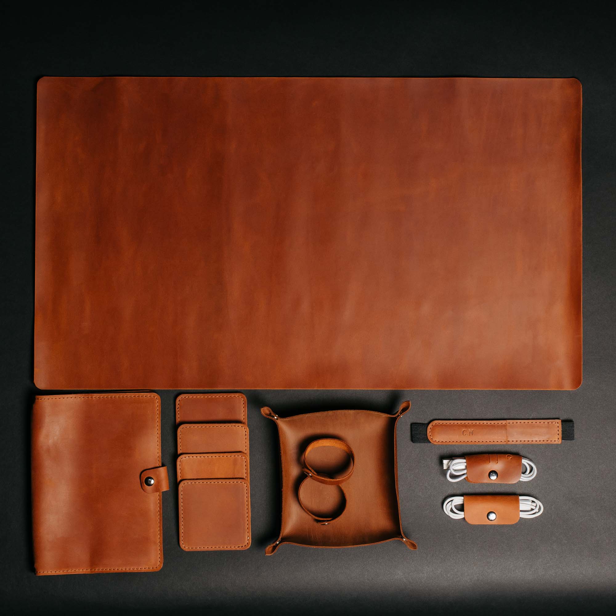 Complete Leather Work Desk Set – Desk Pad, Notebook Wrap, Coasters & Accessories