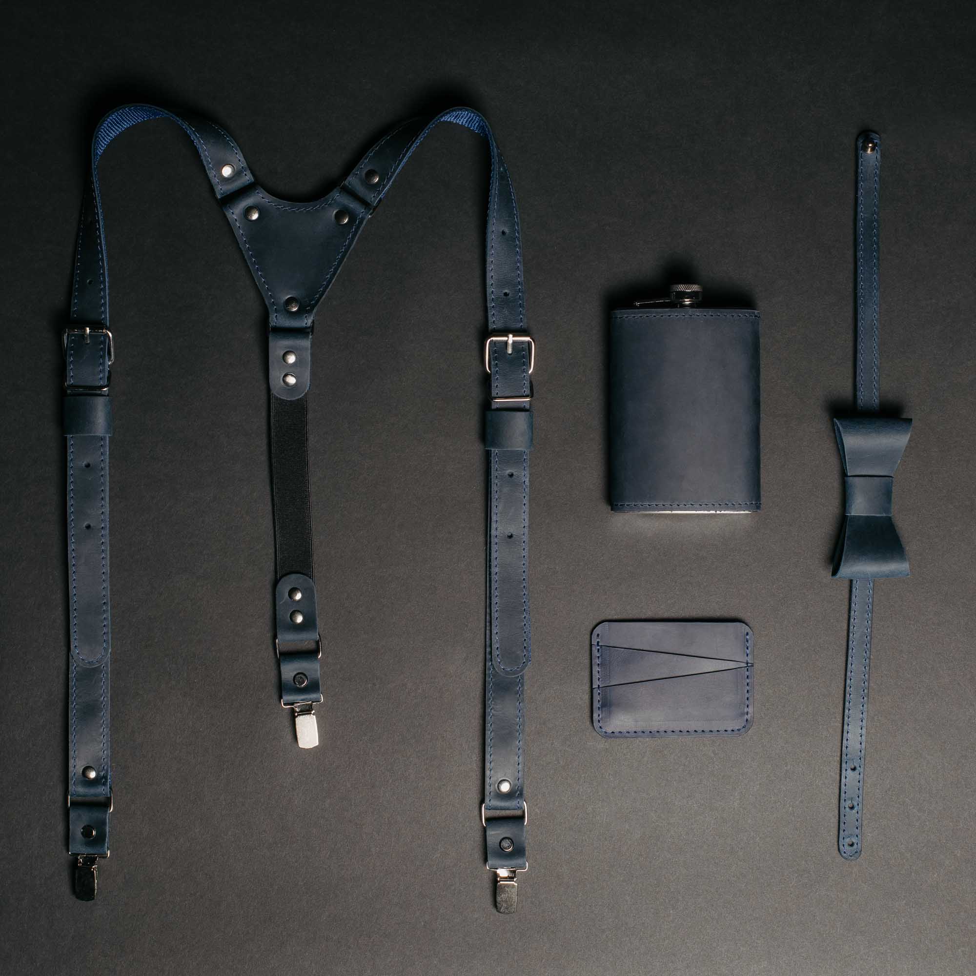 Wedding Gift Set for Him – Matte Waxed Leather Suspenders, Flask, Bow Tie & Cardholder