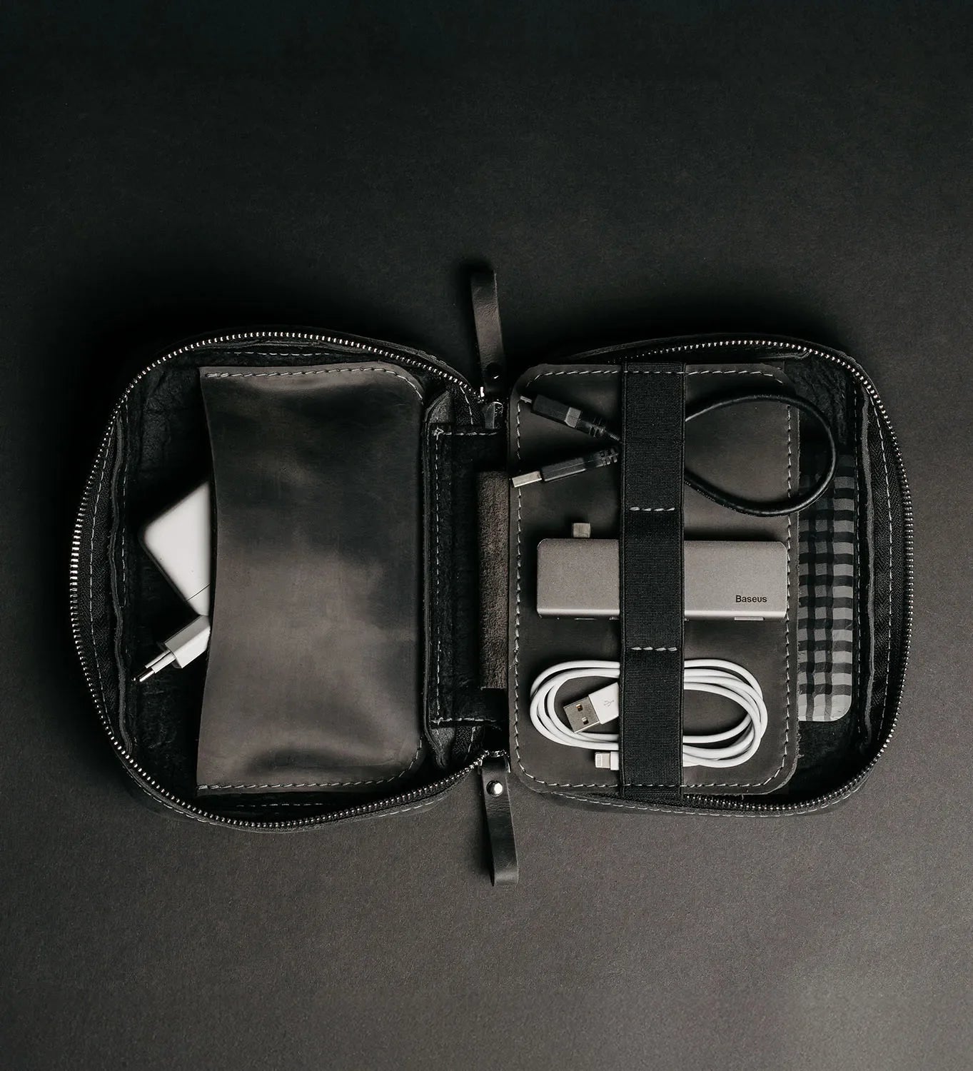 Distressed Leather Tech Organizer with Zipper | Tech & Cable Case