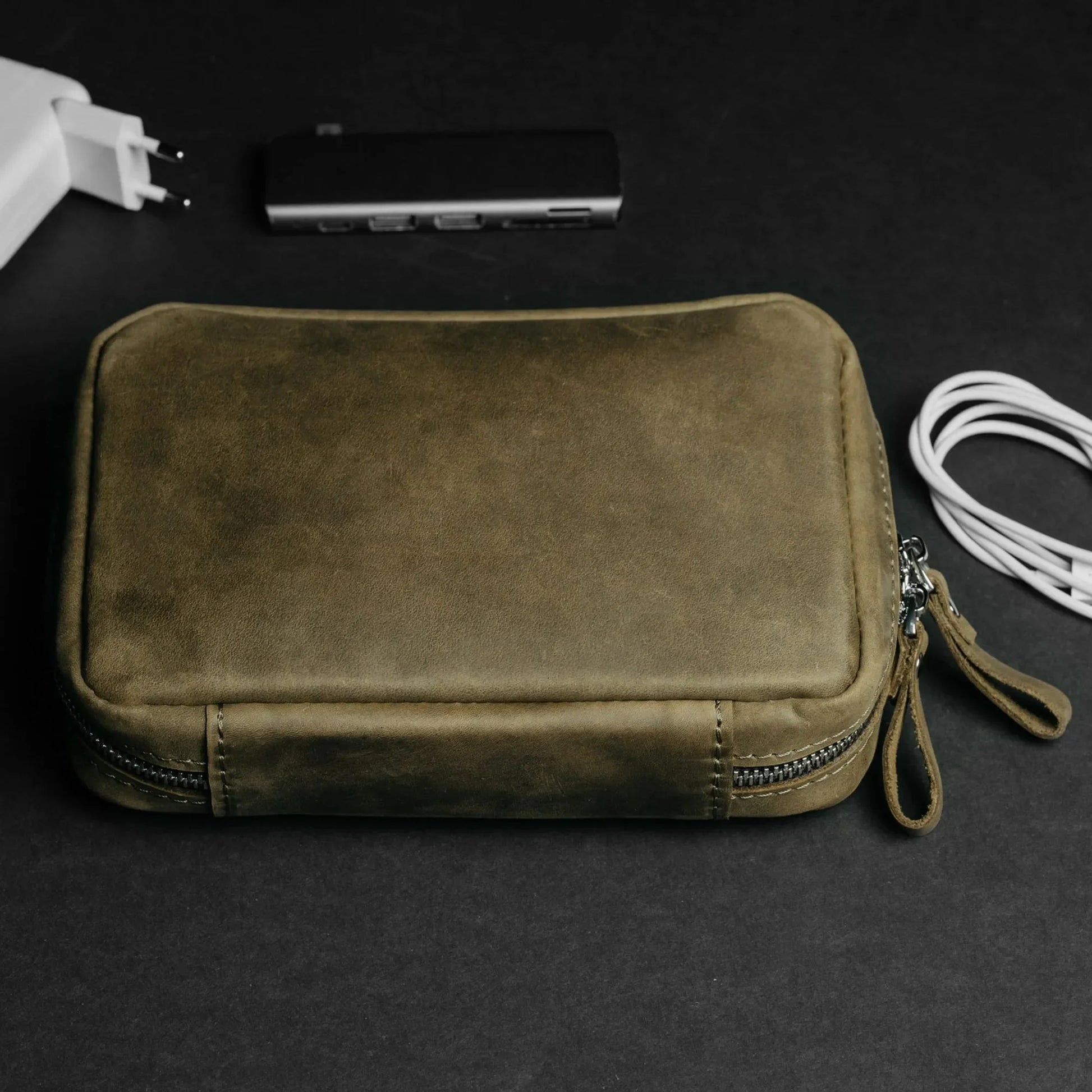 Organizer for Cables & Tech with Zip Closure | Olive Green - Wenderfarer