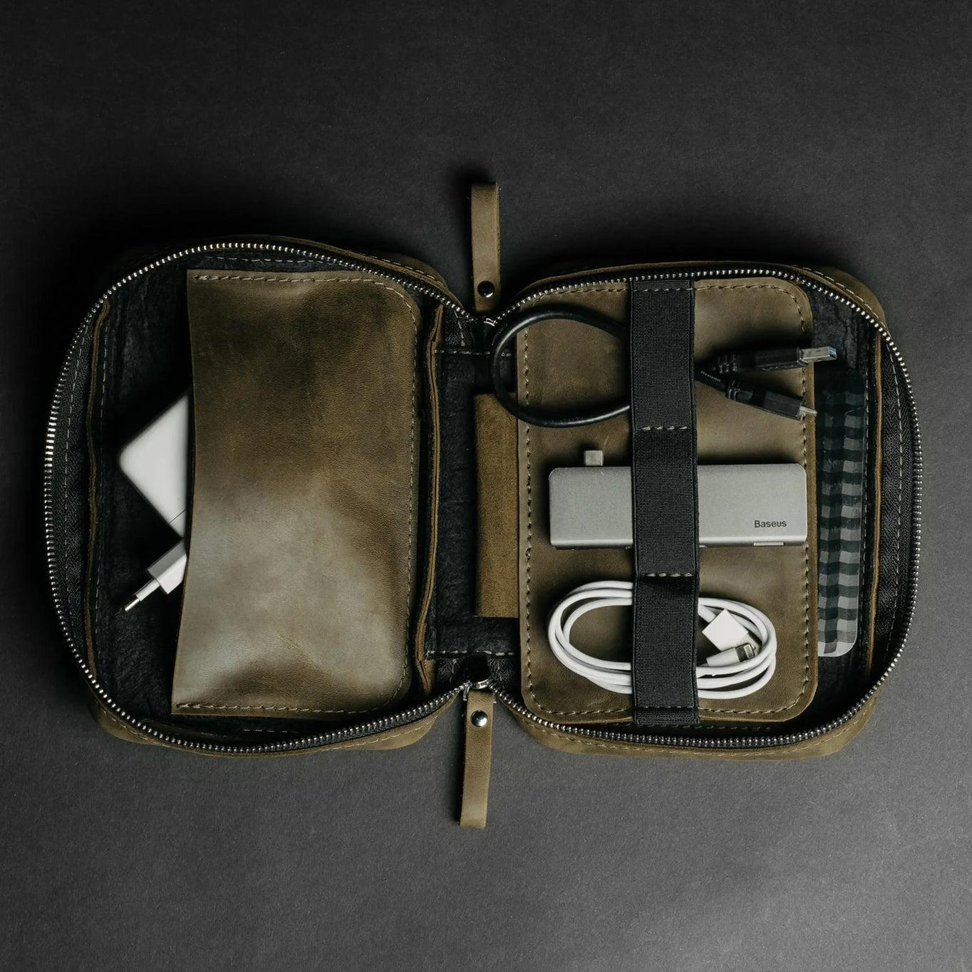 Organizer for Cables & Tech with Zip Closure | Olive Green - Wenderfarer