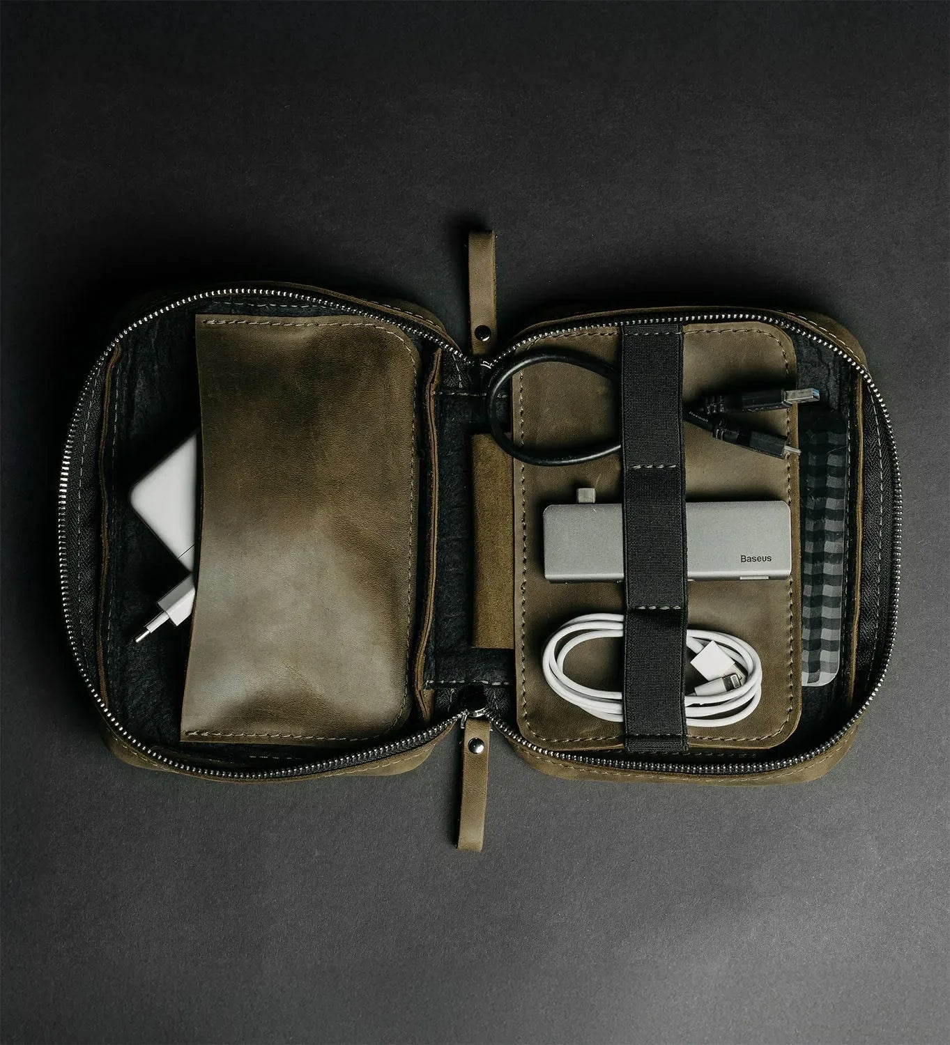 Distressed Leather Tech Organizer with Zipper | Tech & Cable Case