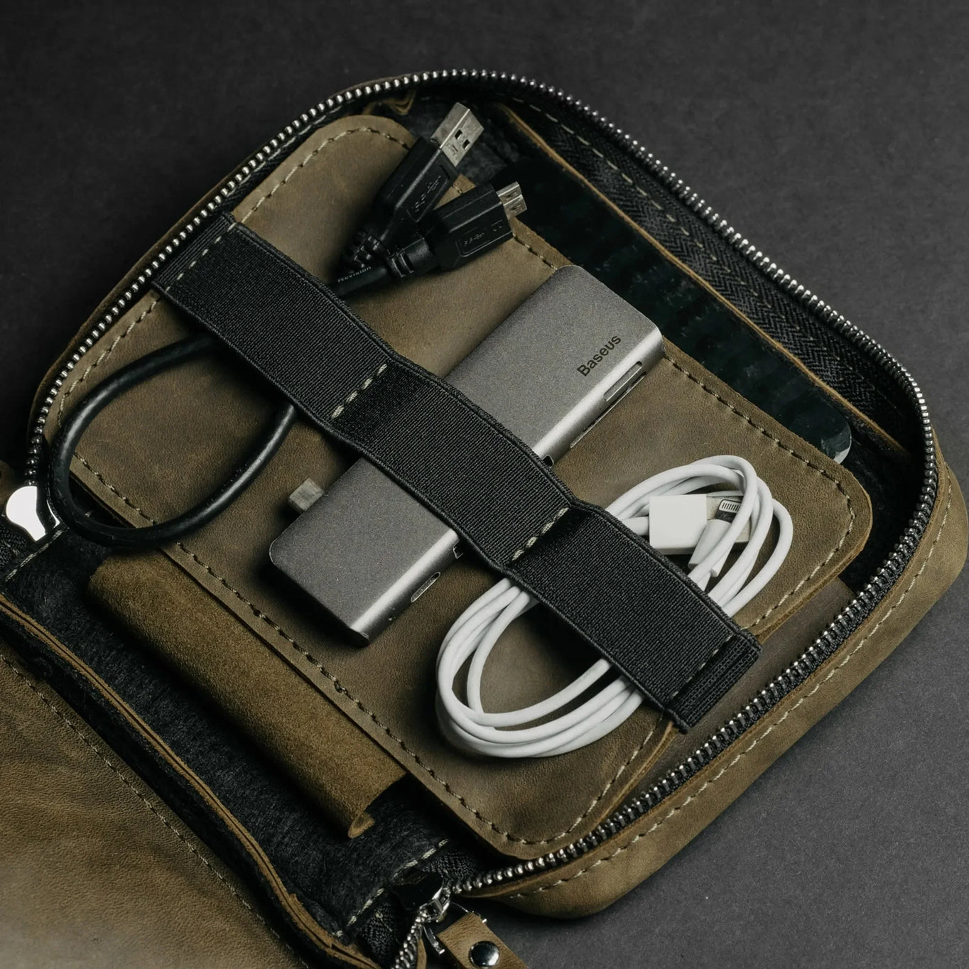 Organizer for Cables & Tech with Zip Closure | Olive Green - Wenderfarer