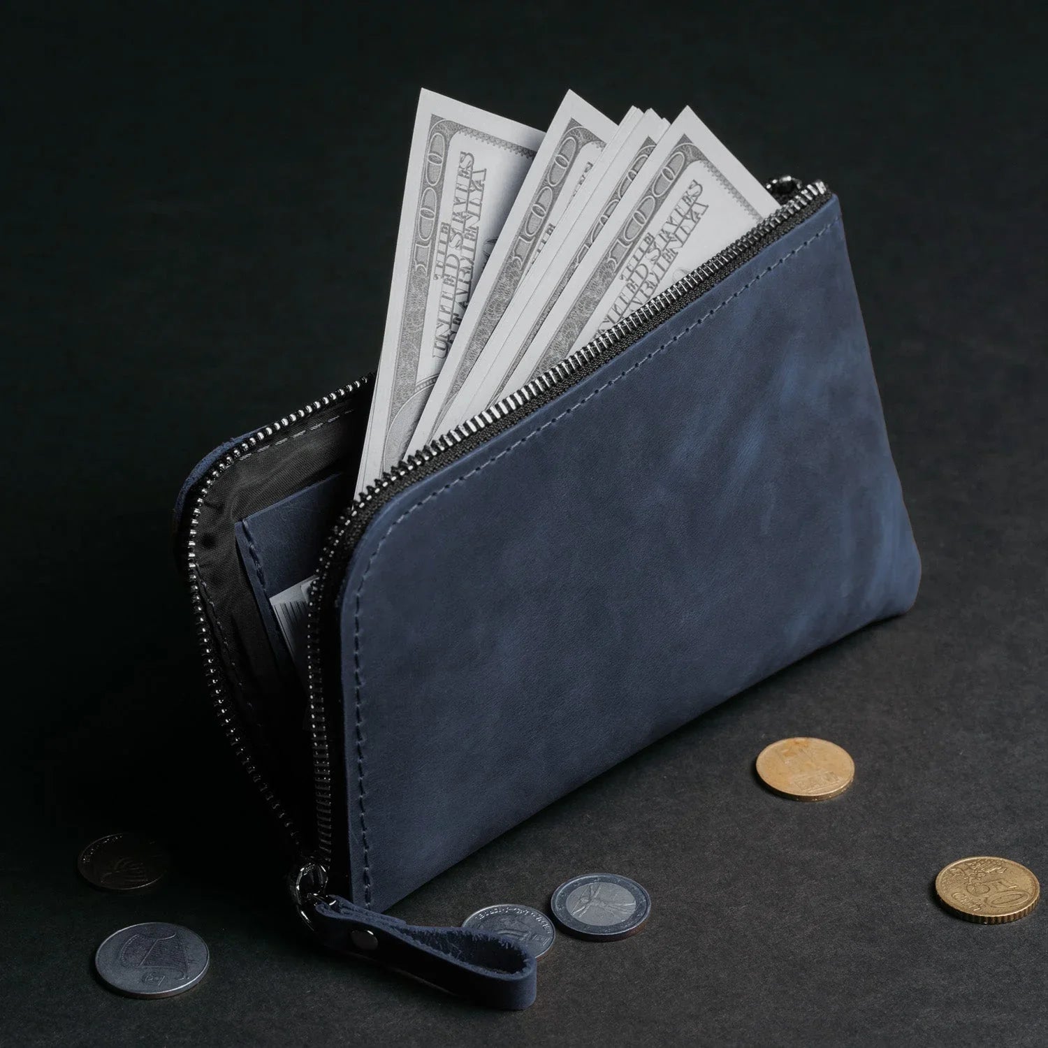 Compact Distressed Leather Wallet with Zipper