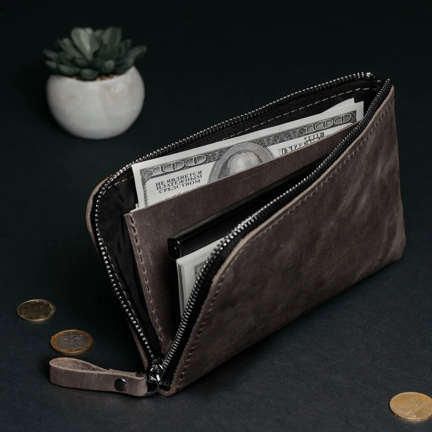 Compact Distressed Leather Wallet with Zipper