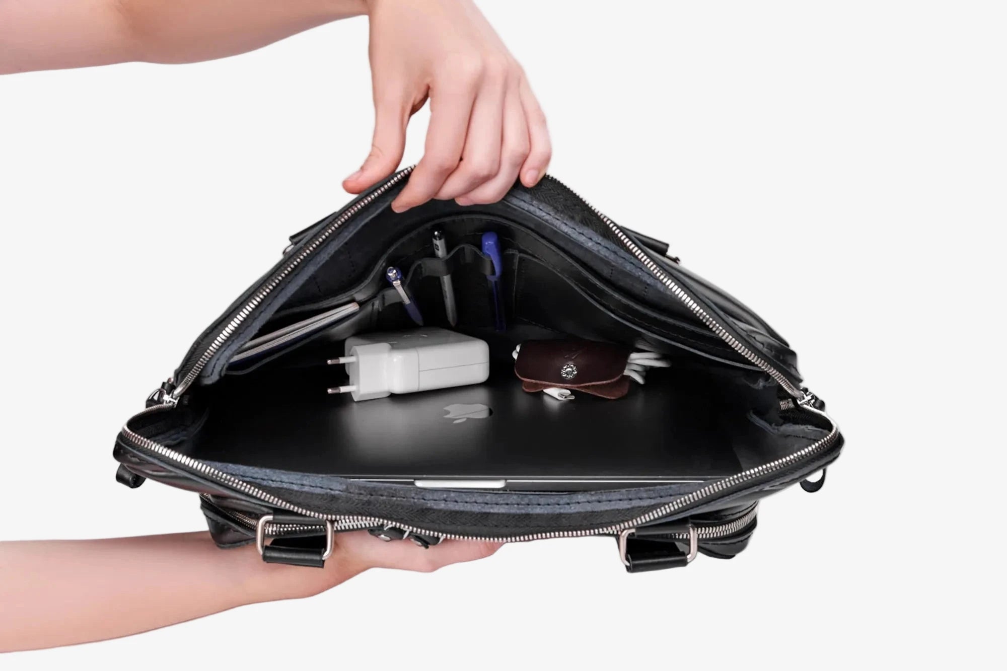 Leather Laptop Briefcase with Organizer | Smooth Black - Wenderfarer