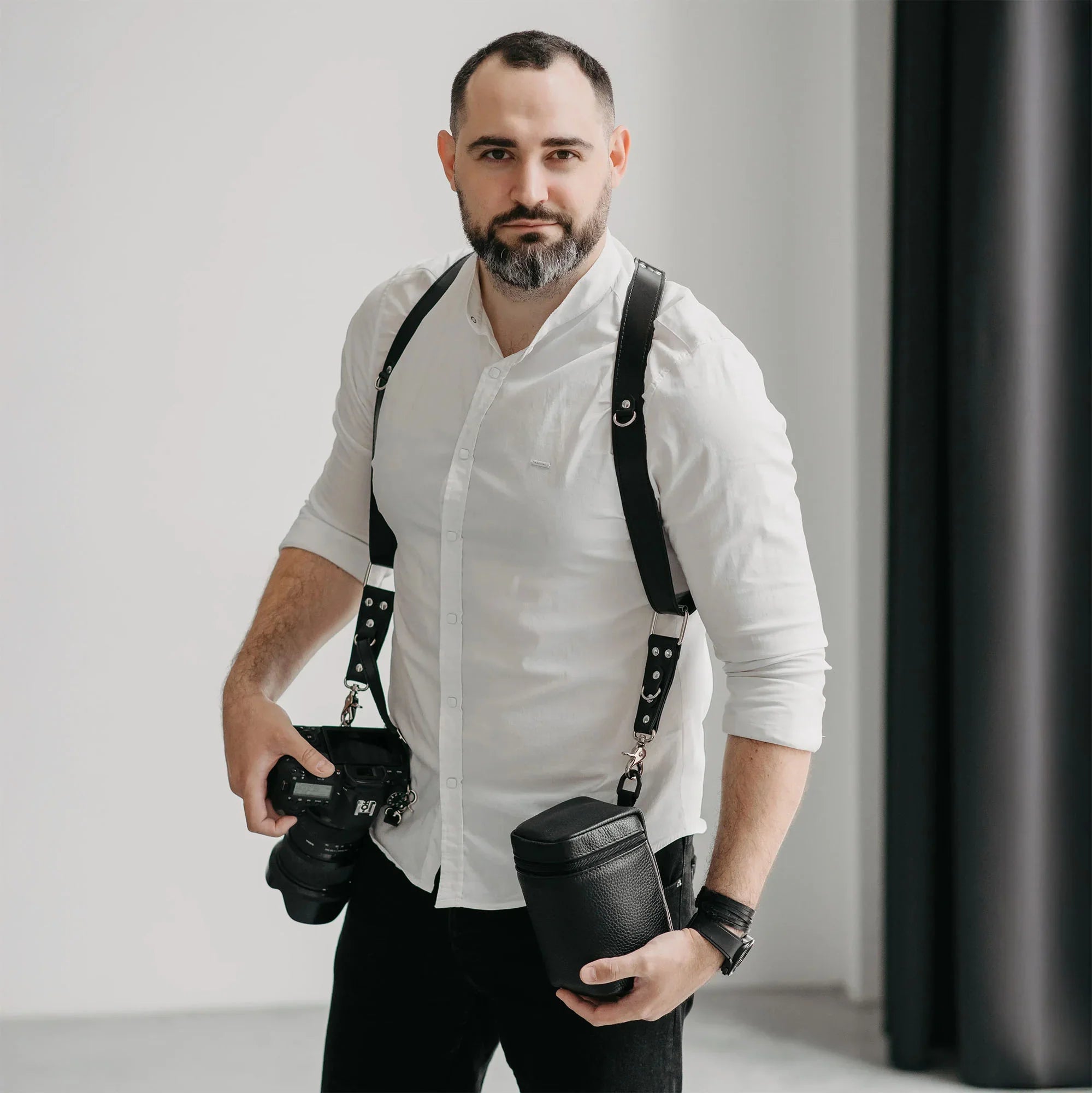 Photographer's Set – Matte Waxed Leather Camera Harness + Lens Pouch