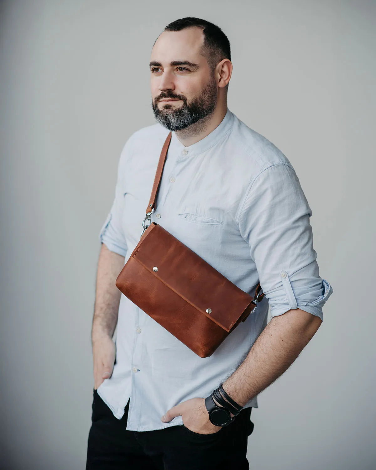 Matte Waxed Leather Unisex Crossbody Bag - Convertible to Waist bag, Clutch