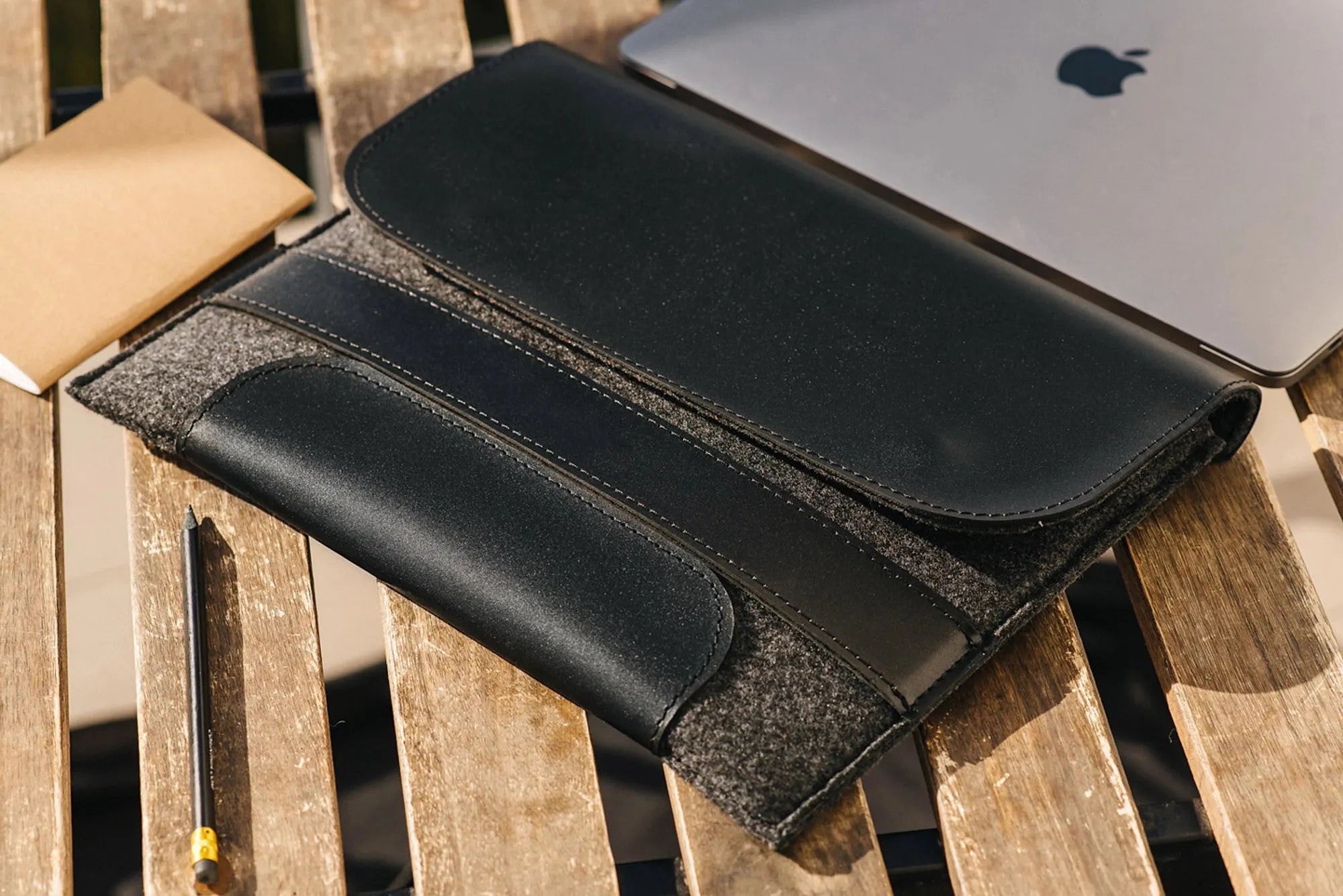 Leather & Wool MacBook Case | Smooth Black - Wenderfarer
