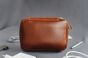 Zippered Leather Cable Organizer with Handle | Travel Tech Pouch