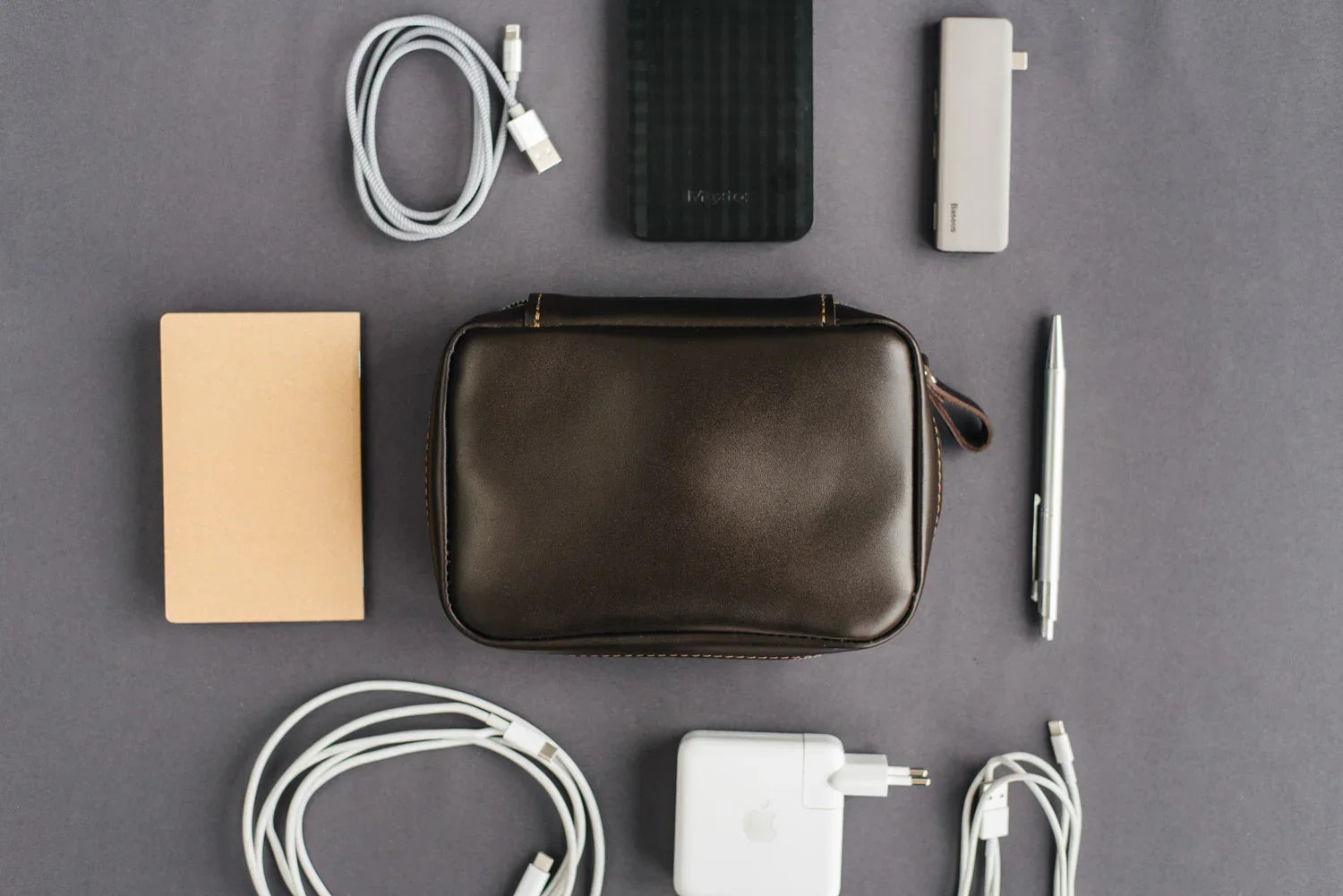 Zippered Leather Cable Organizer with Handle | Travel Tech Pouch