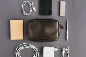 Zippered Leather Cable Organizer with Handle | Travel Tech Pouch