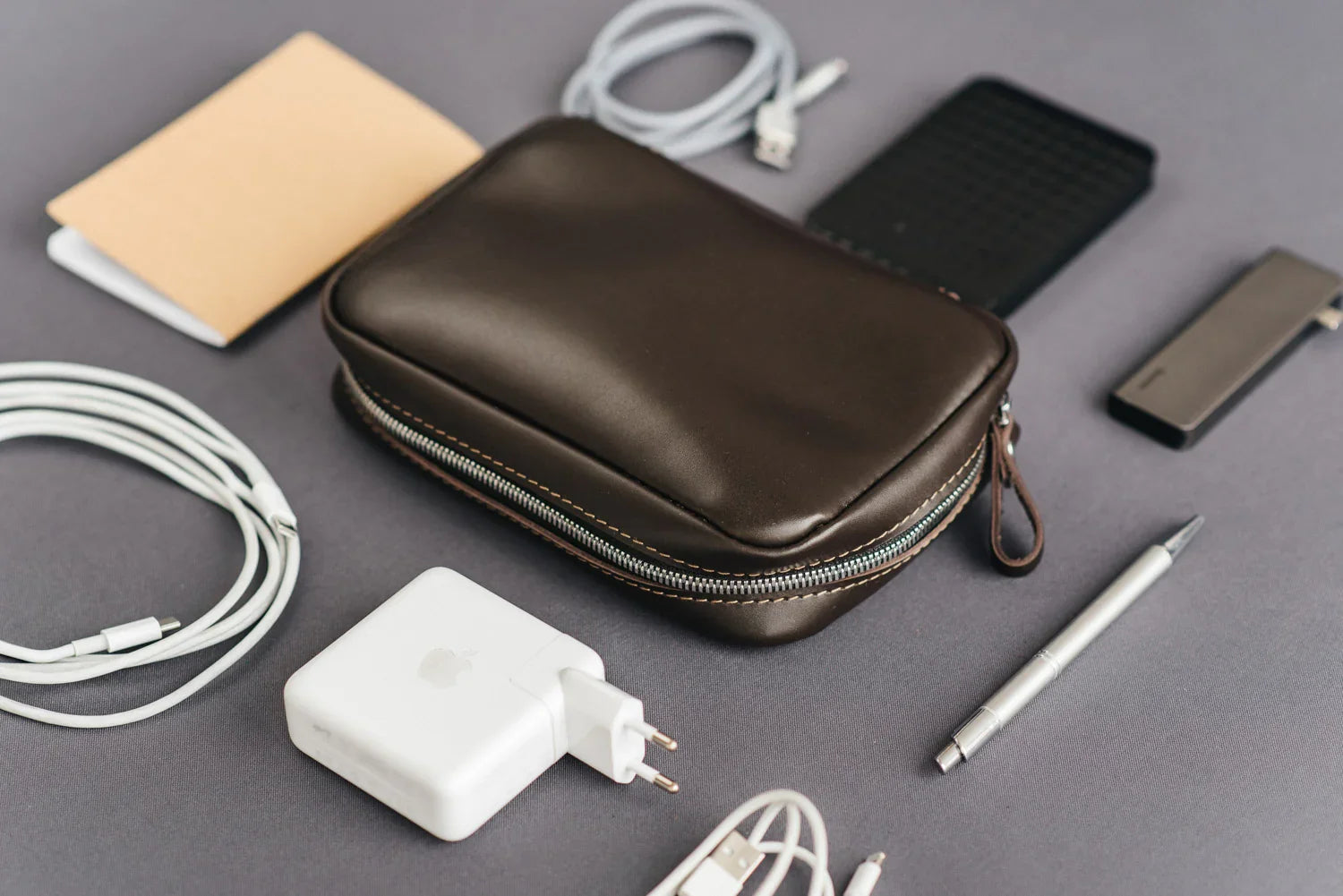 Zippered Leather Cable Organizer with Handle | Travel Tech Pouch