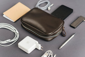 Zippered Leather Cable Organizer with Handle | Travel Tech Pouch