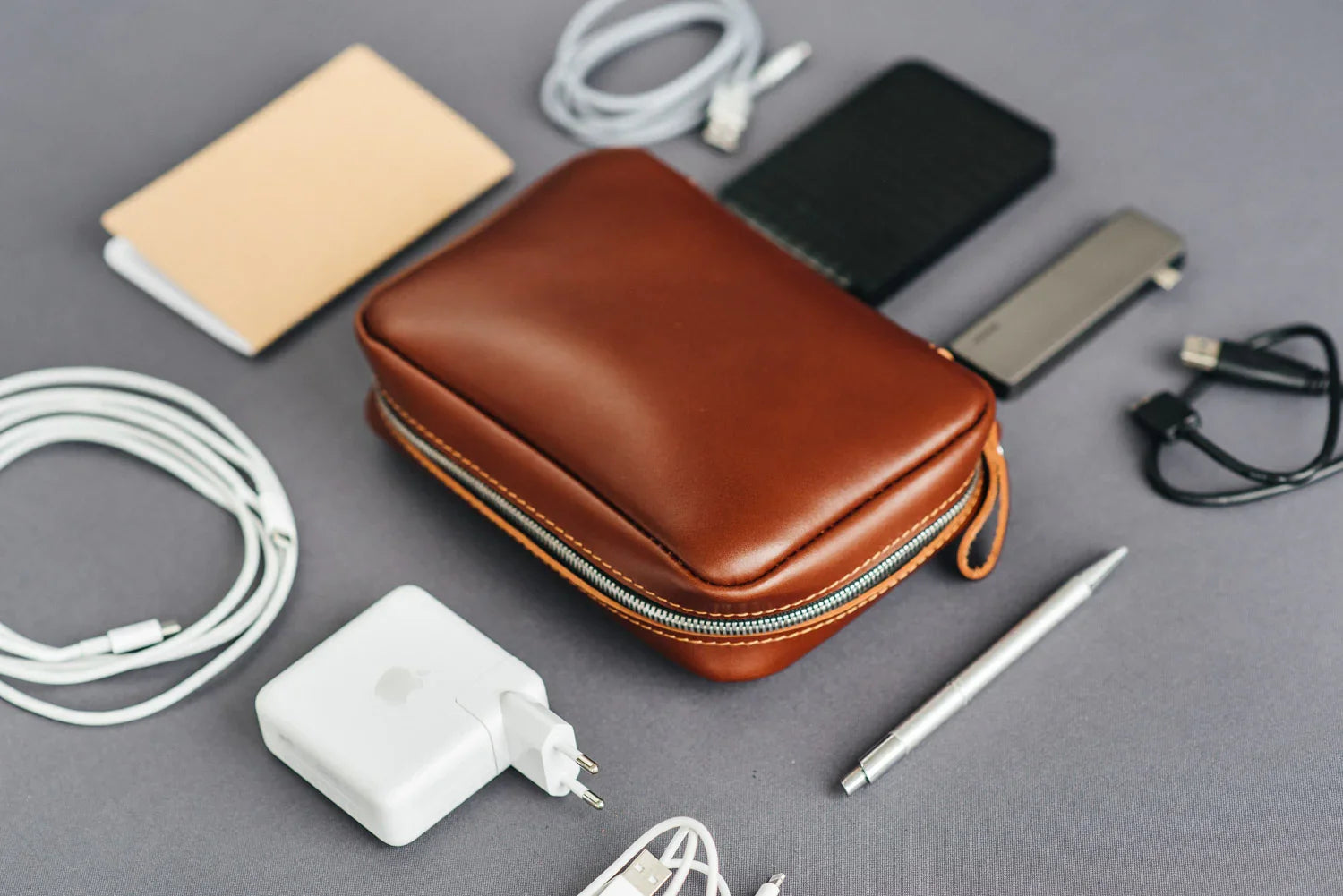 Zippered Leather Cable Organizer with Handle | Travel Tech Pouch